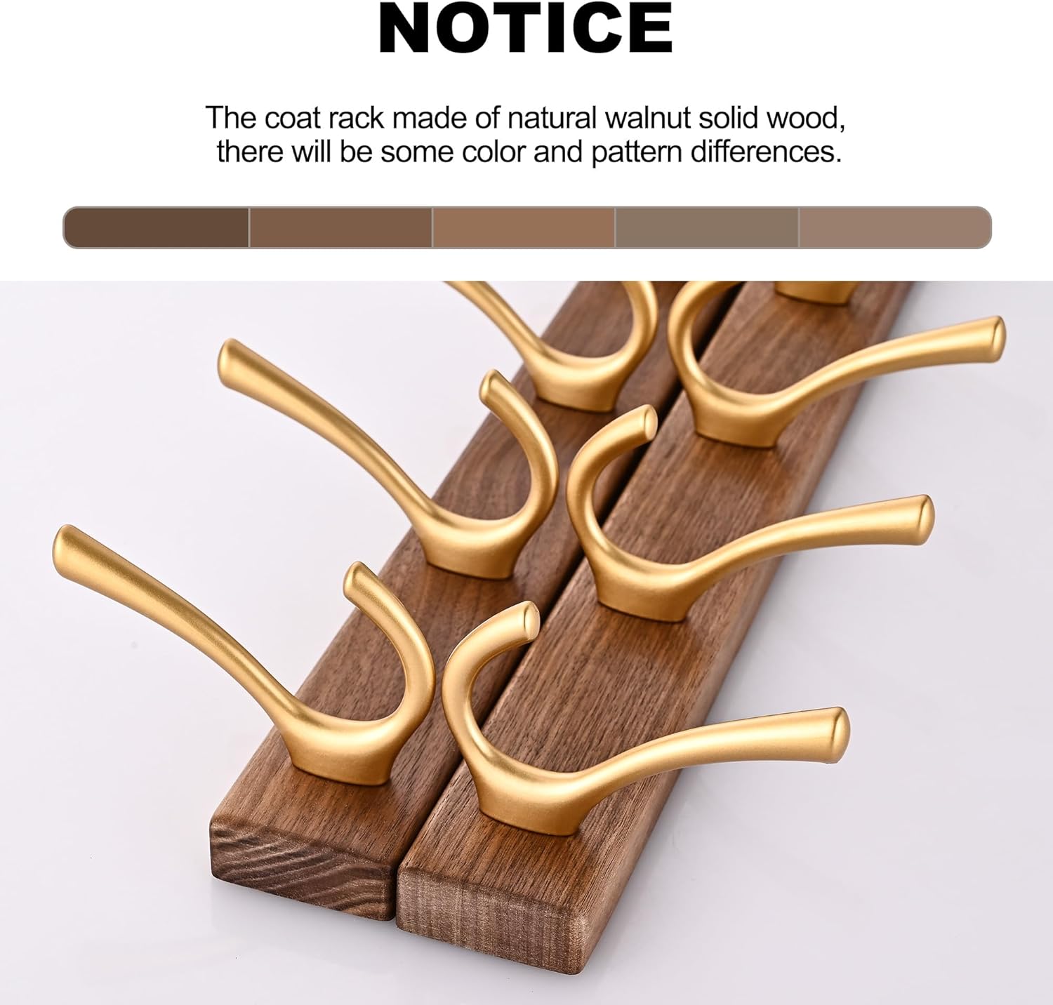 17.3" Small Walnut Wood Coat Rack Wall Mount / Gold 5 Hooks Wall Coat Rack