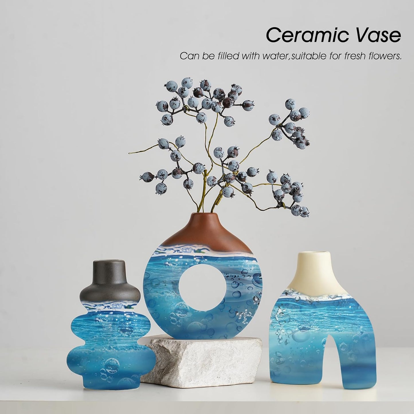 Modern Ceramic Decorative Vase / Cream Matte and Brown / Set of 3