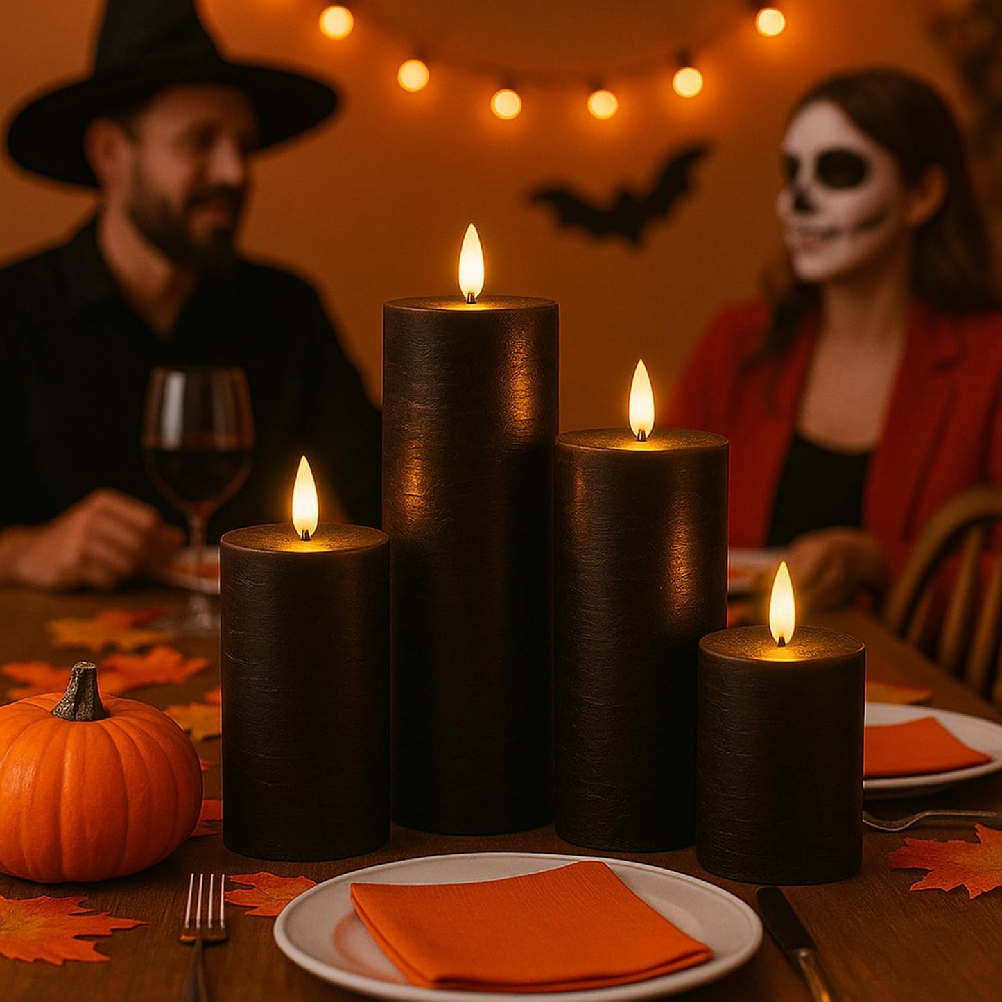 LUSHARBOR Halloween Flameless Candles, 4 Pack Battery Operated Halloween Candles with Remote, Wax LED Fake Pillar