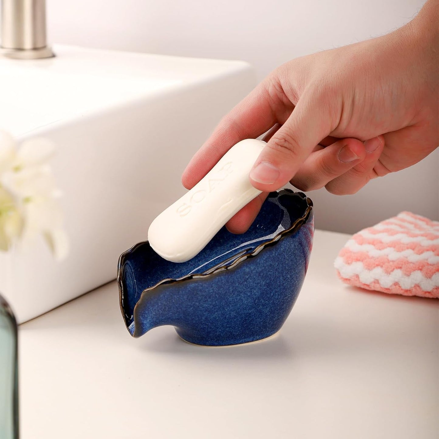 Dish Washing Soap Holder Ceramic Dish for Soap / Blue