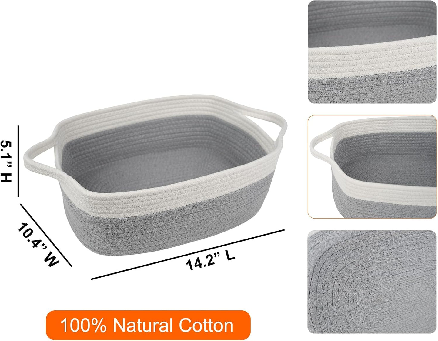 Natural Woven Basket / Off-white & Grey / 14.2" L x 10.4" W x 5.1" H