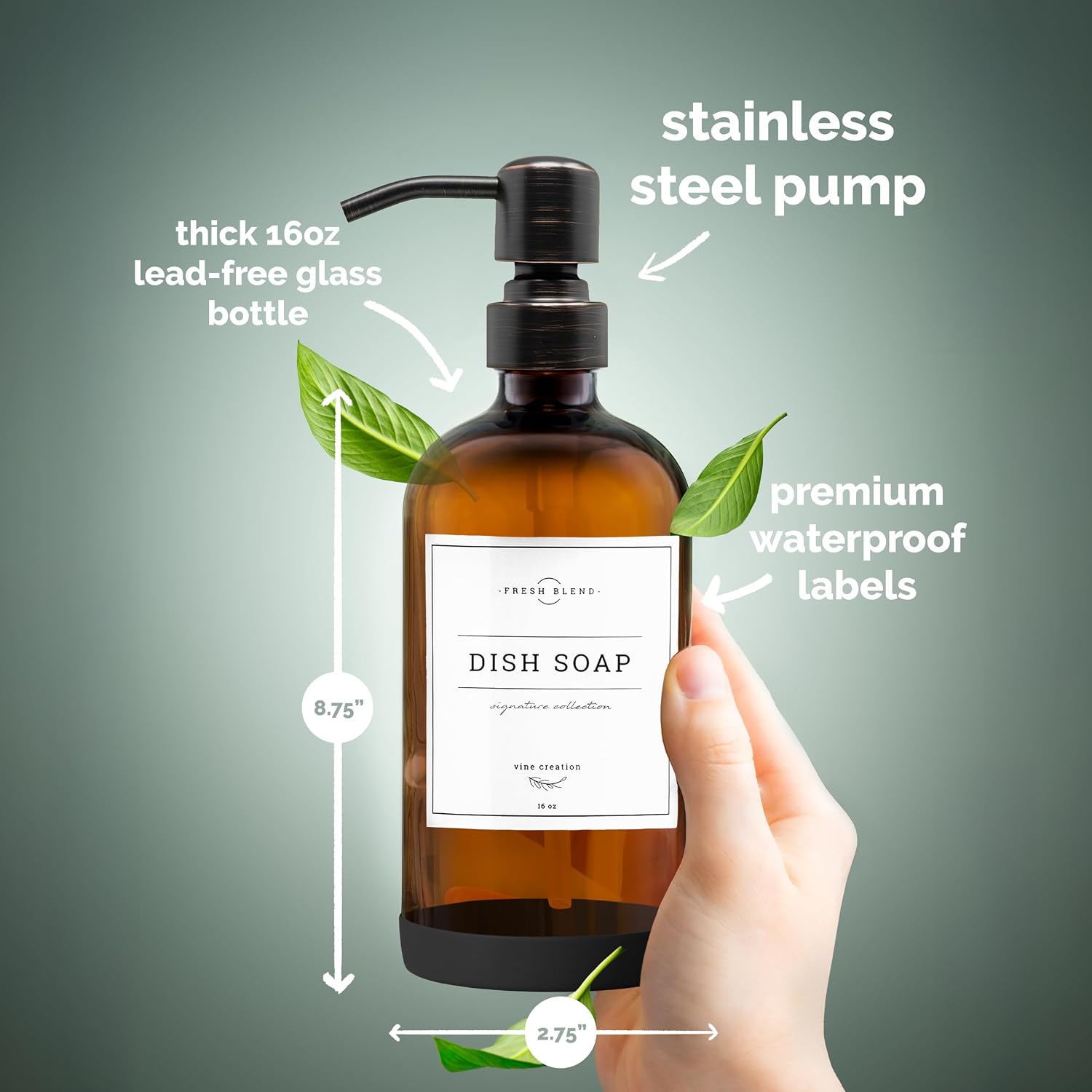 Vine Creations Amber Glass Soap Dispenser, 2 Pack Kitchen Soap Dispenser Set with Stainless Steel Pump, 16 oz Dish Soap