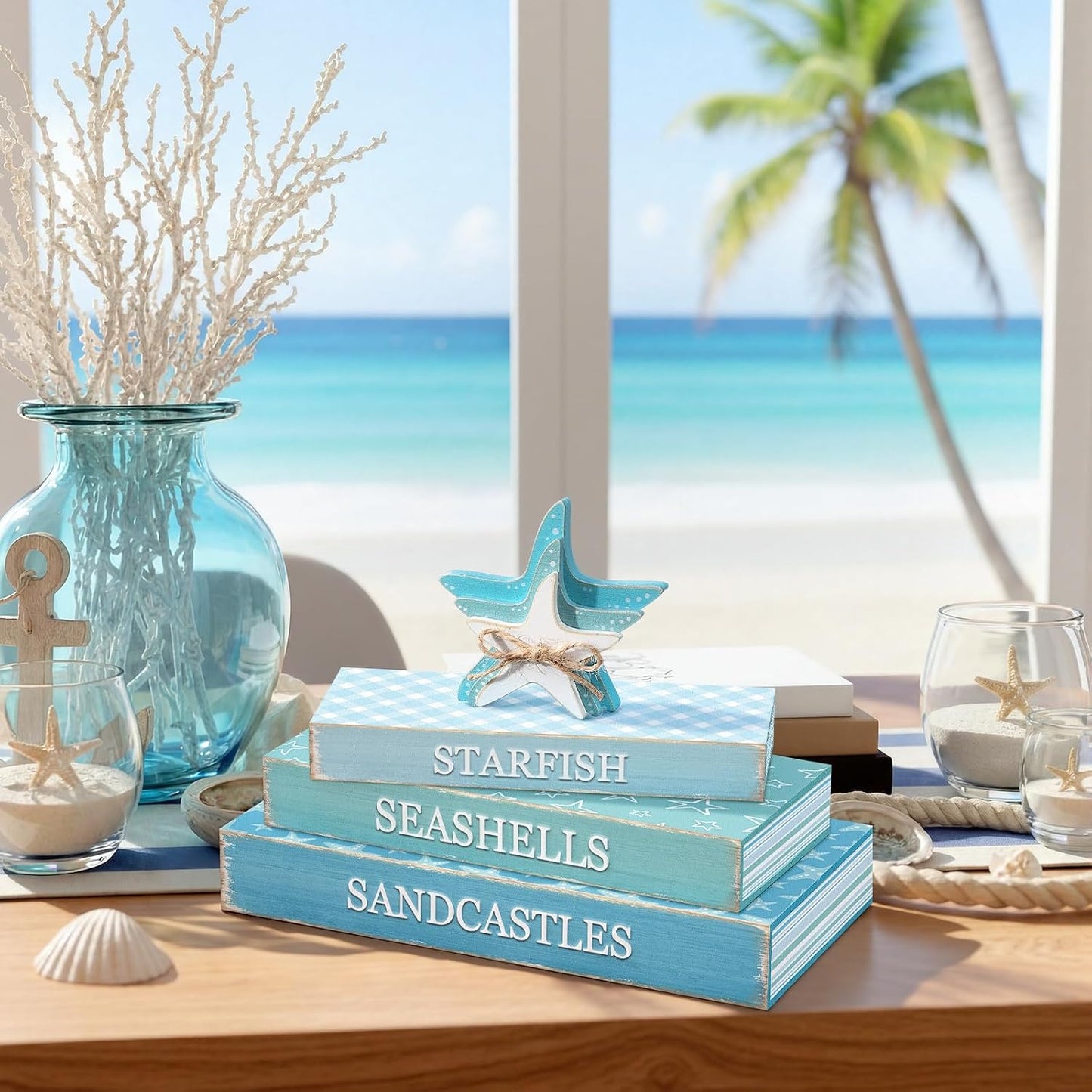 Wooden Coastal Decorative Books / Summer Starfish / Set of 4