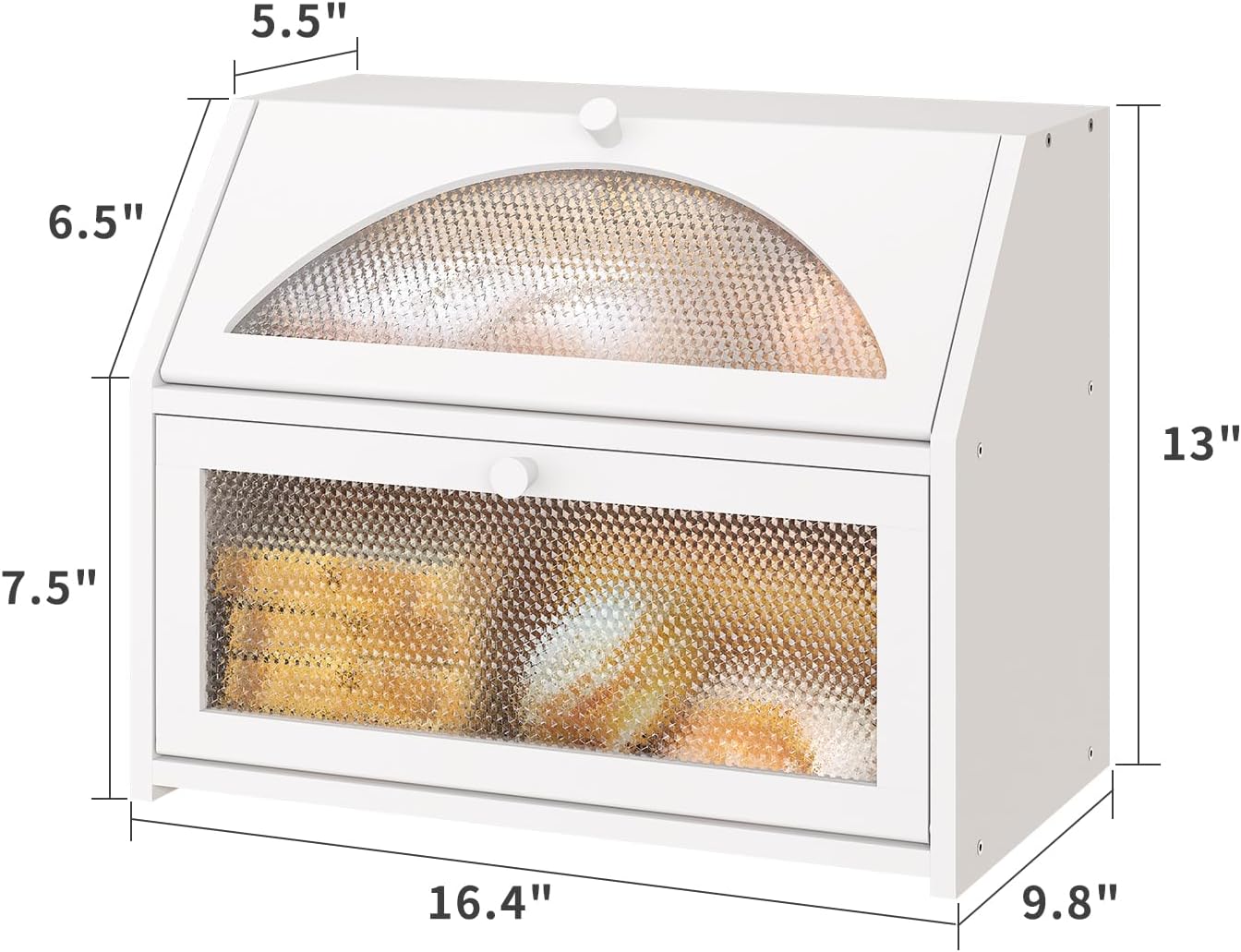 White Bread Box, Bamboo Wood Bread Box for Kitchen Counter, Double-layer Bread Storage Bin, Acrylic glass with Diamond