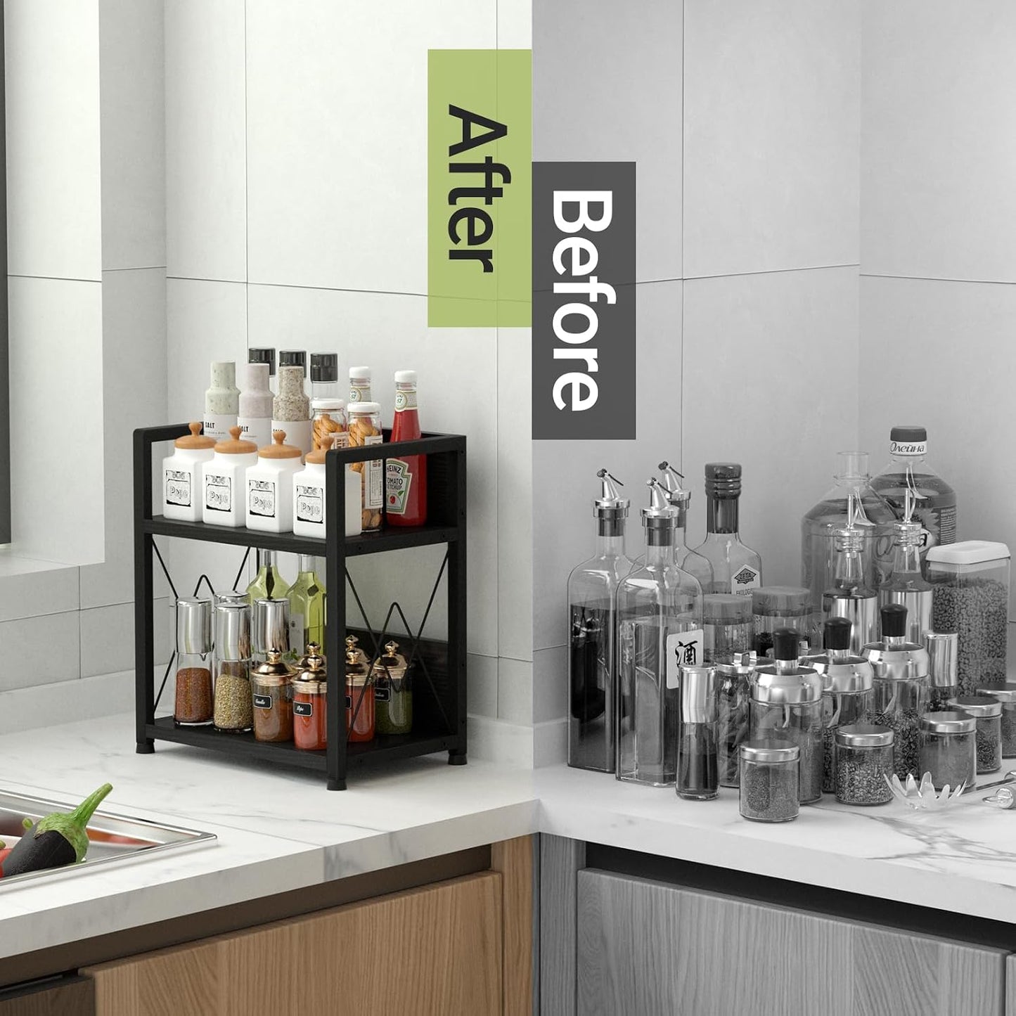 Aduanbang Coffee Bar Accessories Organizer, Seasoning Organizer, 2 Tier Wooden Kitchen Counter Shelf, Coffee Organizer
