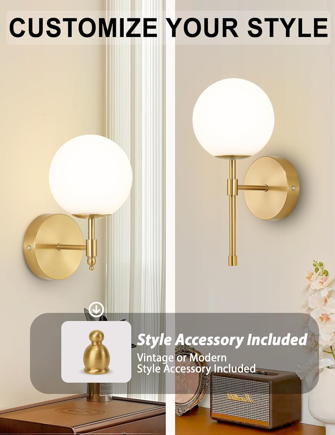 Battery Operated Wall Sconces, Brushed Gold 3 Color Dimmable Set of 2