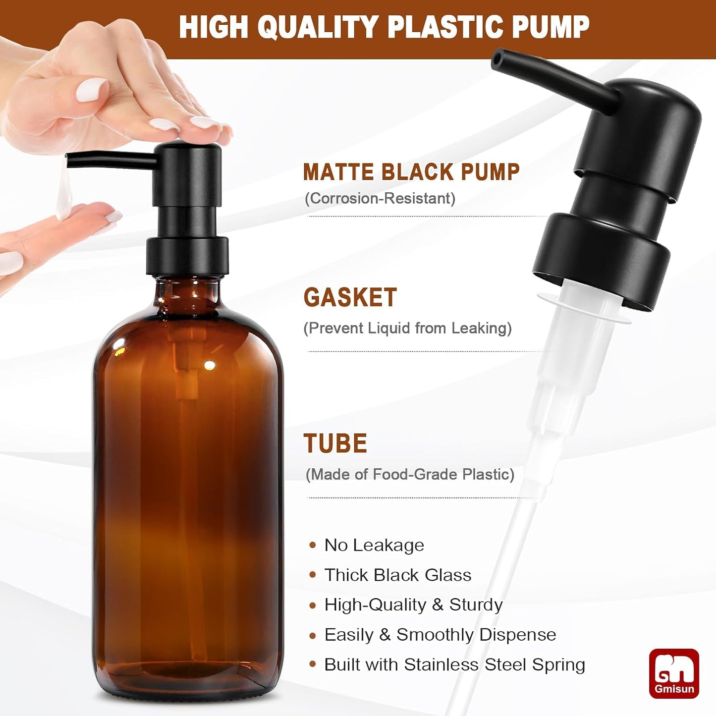 GMISUN Dish Soap Dispenser, 16 Oz Kitchen Soap Dispenser Set with Ceramic Tray & Bamboo Brush, 2 Pack Thick Amber Glass