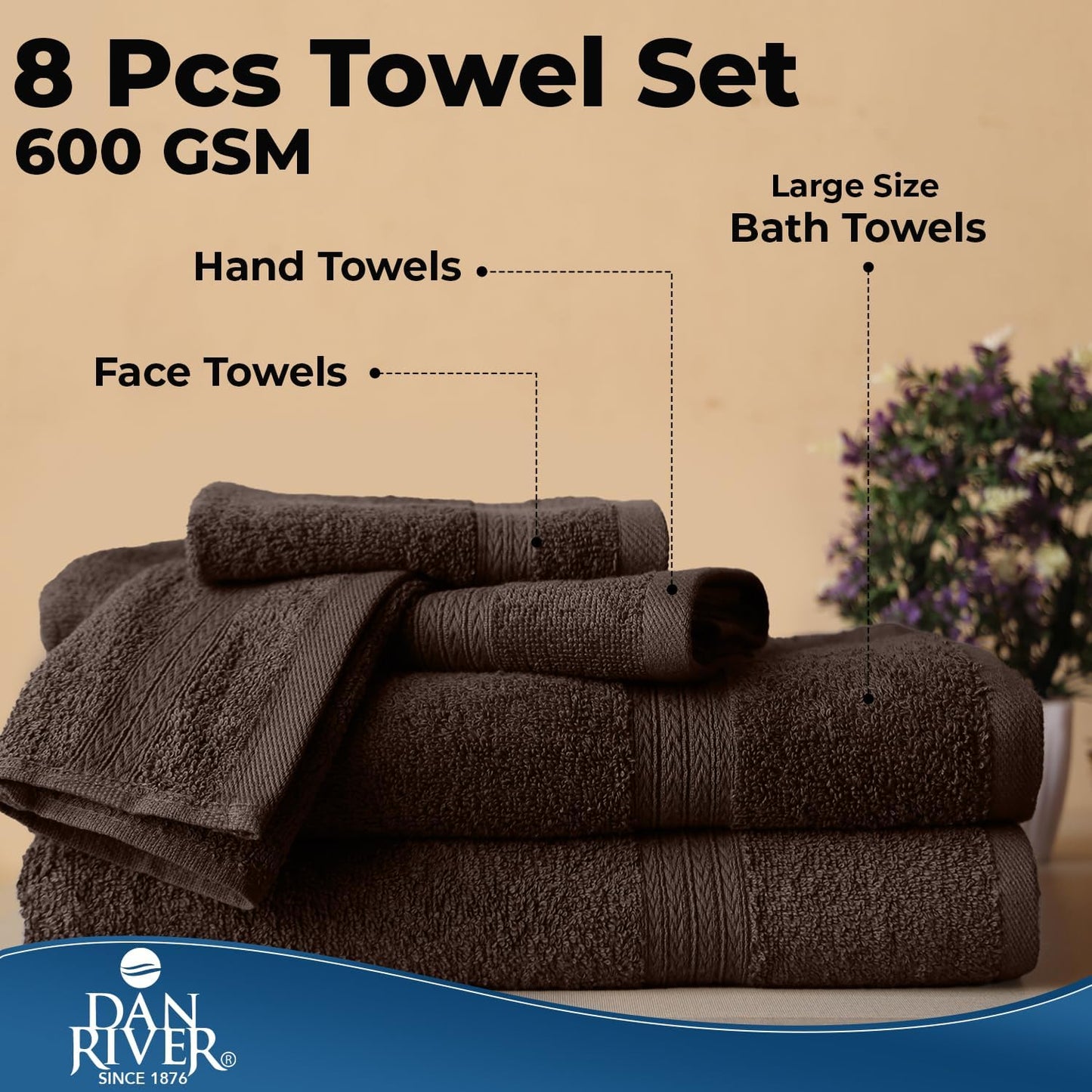 DAN RIVER 8 Piece Luxury Bath Towels for Bathroom, Towel Set, Brown | 2 Bath towels, 2 Hand towels, and 4 Wash Cloths