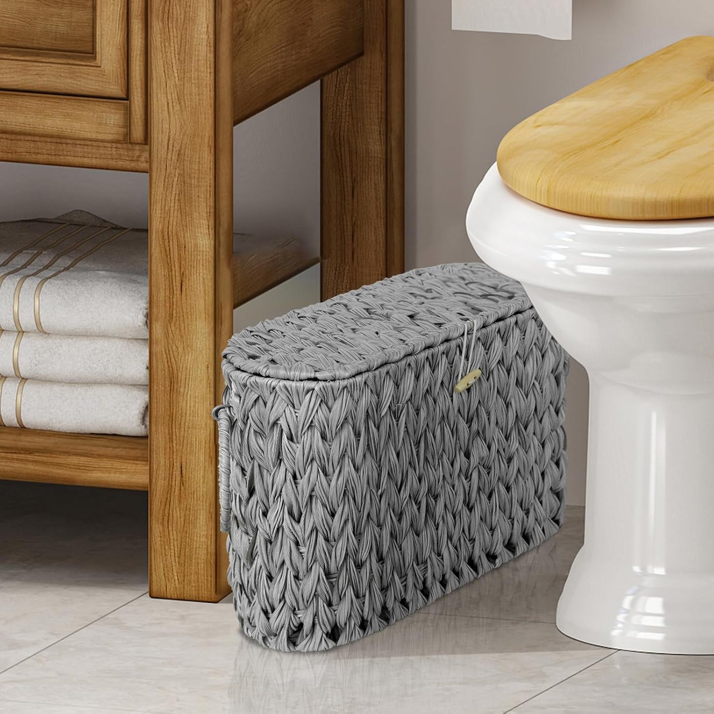 Coeusy Toilet Paper Storage Basket with Lid,Wicker Toilet Paper Holder Stand,Narrow Decorative Woven Bathroom Basket