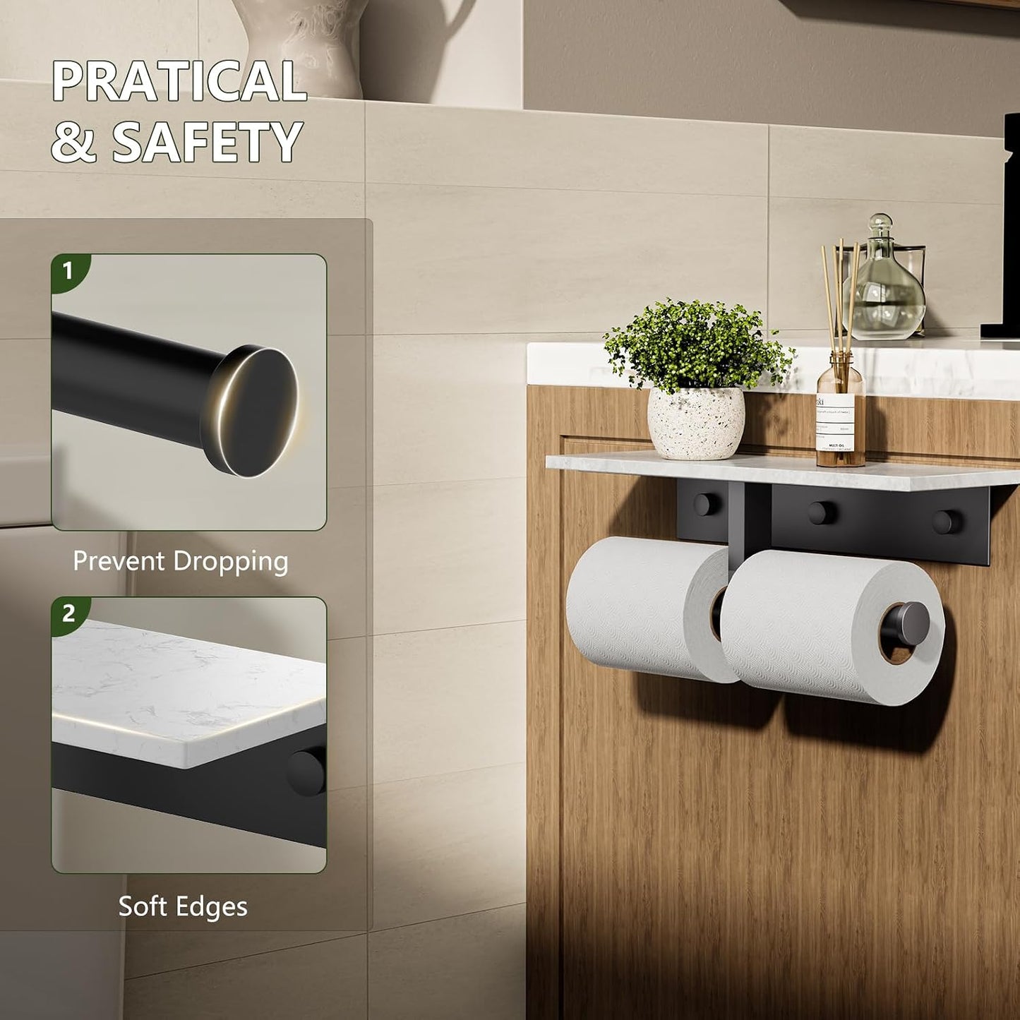 Marble Toilet Paper Holder with Shelf Doulble Bathroom Tissue Roll Holder | Matte Black 304 Stainless Steel Toilet
