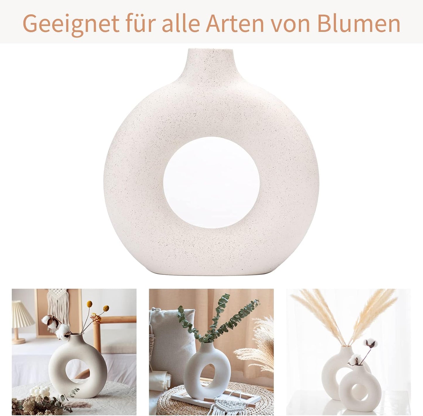 Donut Vase Hollow Ceramic Vase for Flowers Handmade Minimalist Boho ins Style / Medium / White