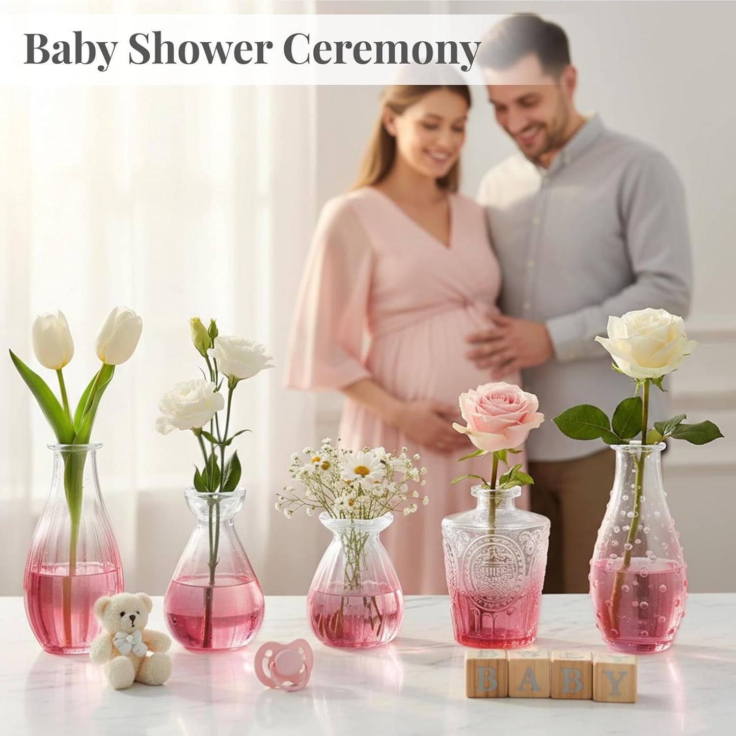 Mini Vintage Glass Bud Vases for Centerpieces / Pink Gradient / Set of 24