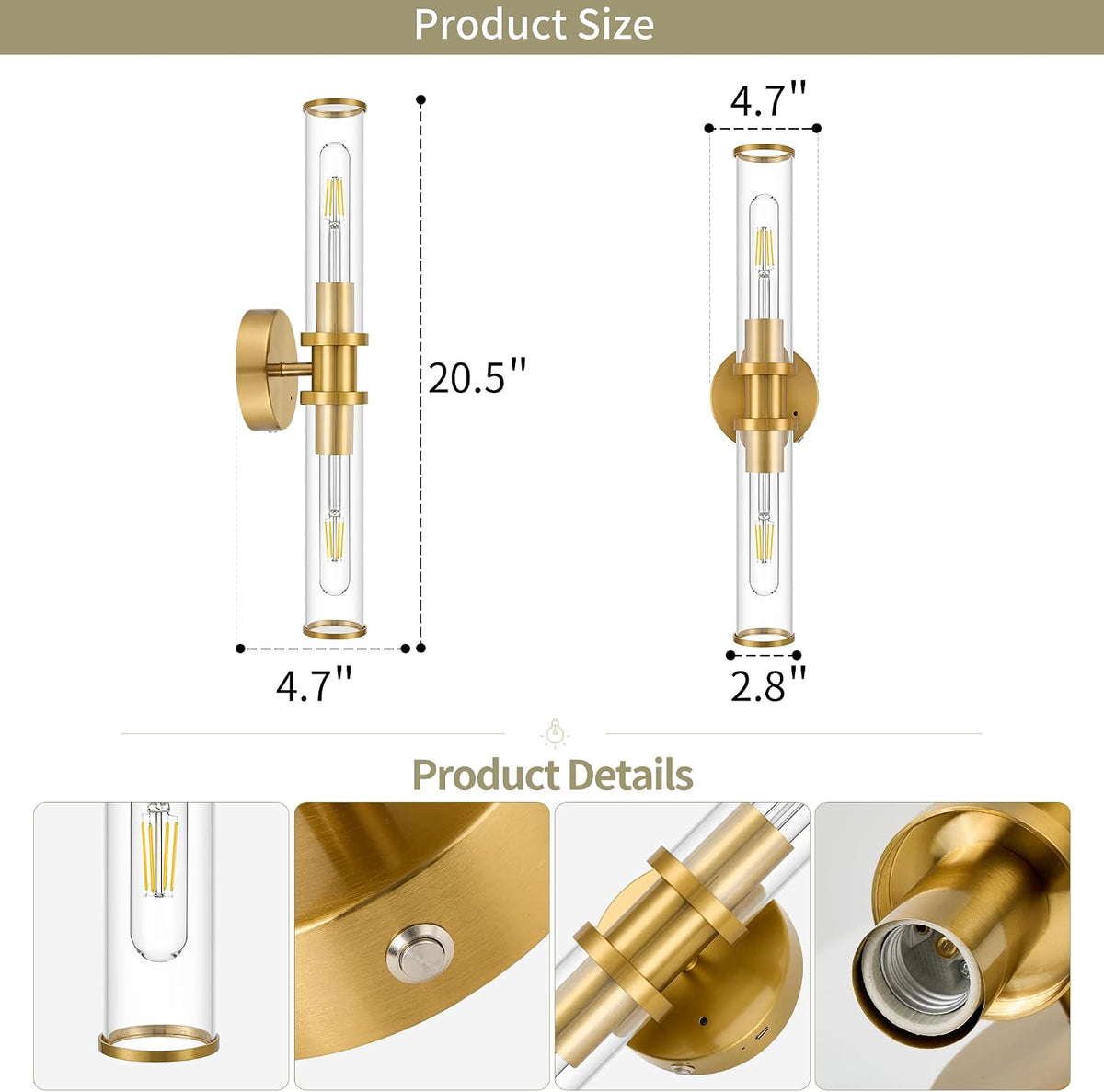 8000mAh Wireless Wall Sconces with Remote Control 3000K, Gold, 20.5 Inch | Battery Operated Wall Sconce Set of 2 with