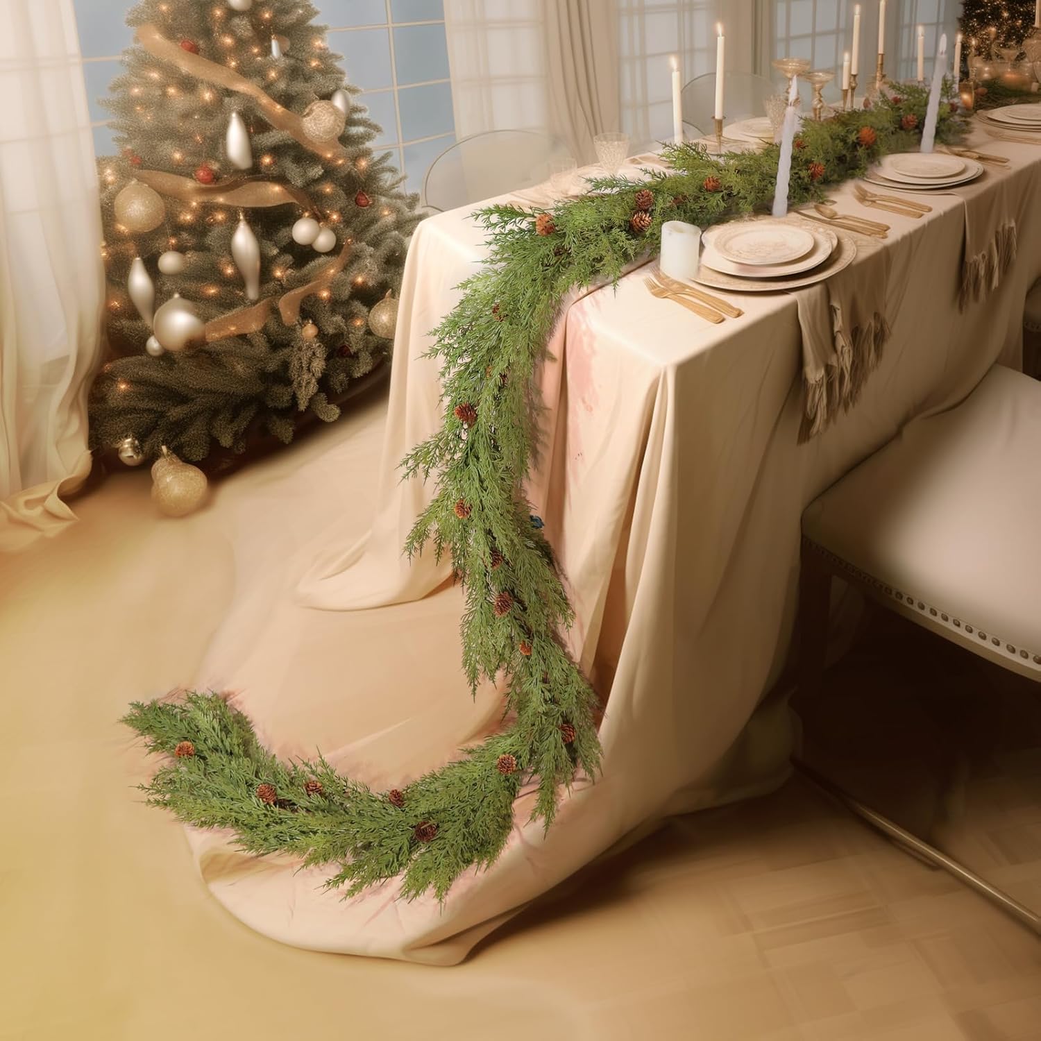 WBHome 2pcs Real Touch Cypress Cedar & Pine Cone Evergreen Garland for Christmas Holiday Seasonal Outdoor/Indoor Home