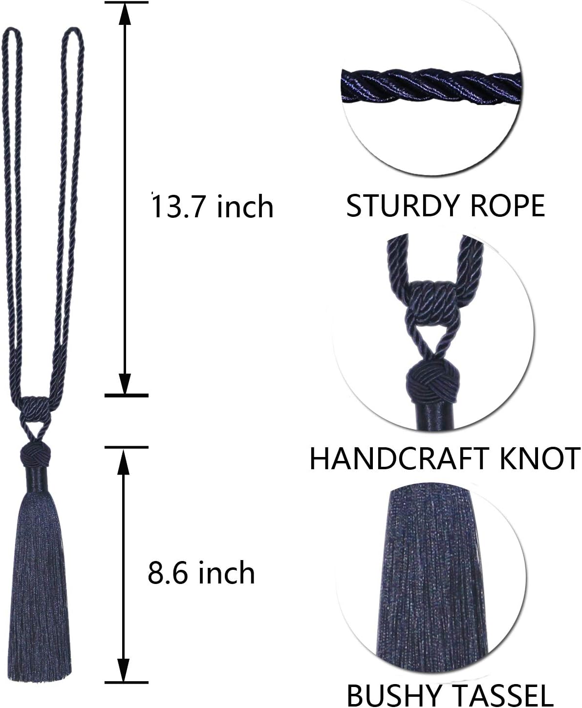 BEL AVENIR 4 Pack Curtain Tiebacks Hand-Woven Tassels Holdbacks | Navy, Elegant, Home Decorative Tassels Ties for