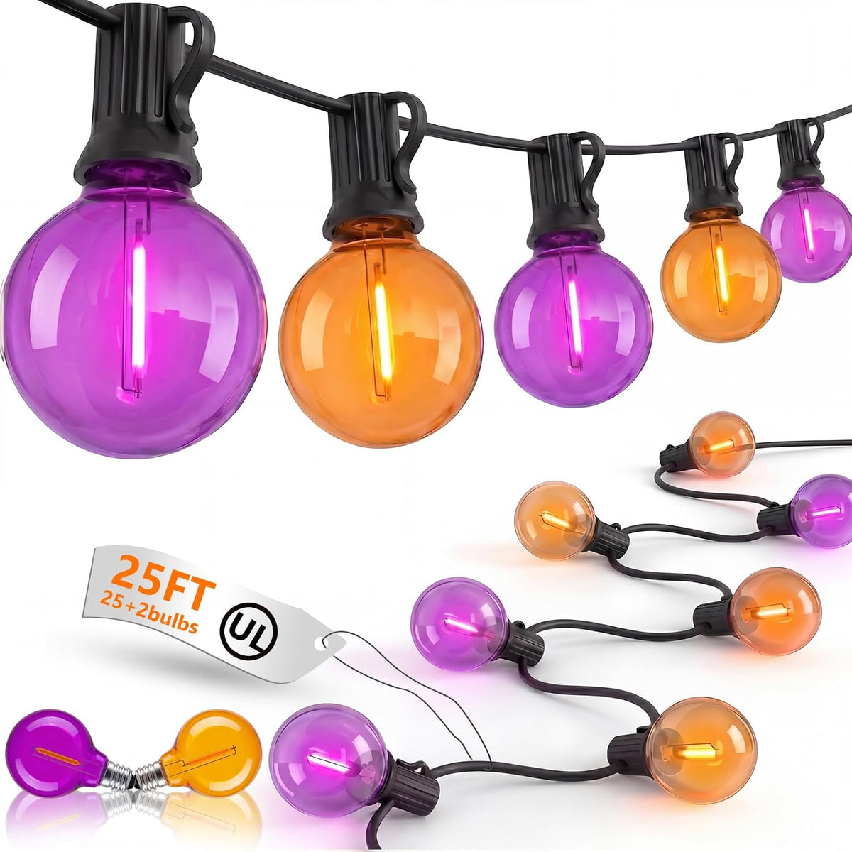 25FT G40 LED Outdoor Halloween String Lights, Orange and Purple Halloween Decorations Lights with 27 Shatterproof Globe Bulbs(2 Spare), Hanging Patio Lights for Holiday Balcony Backyard Party Garden