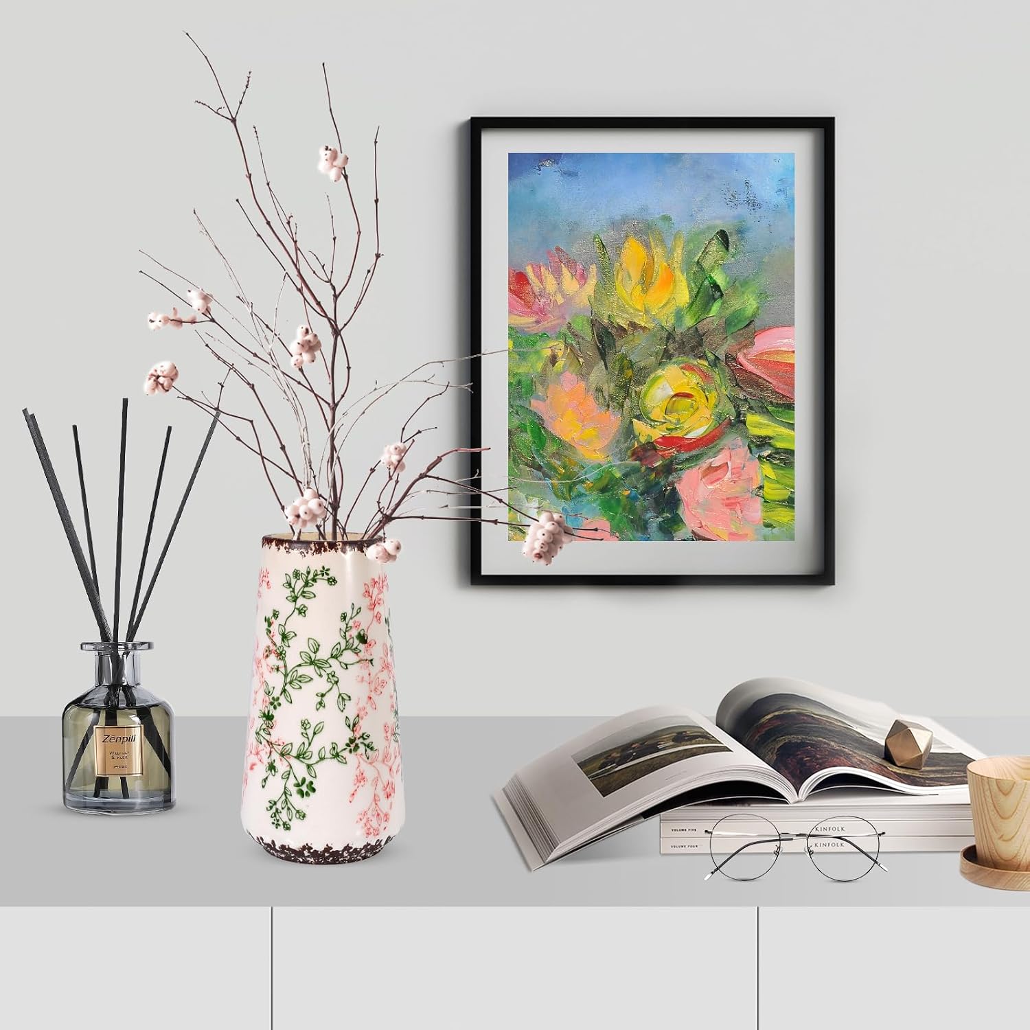 Ceramic Vase / Small Flower Vase for Pampas Grass / Small Green & Pink-a