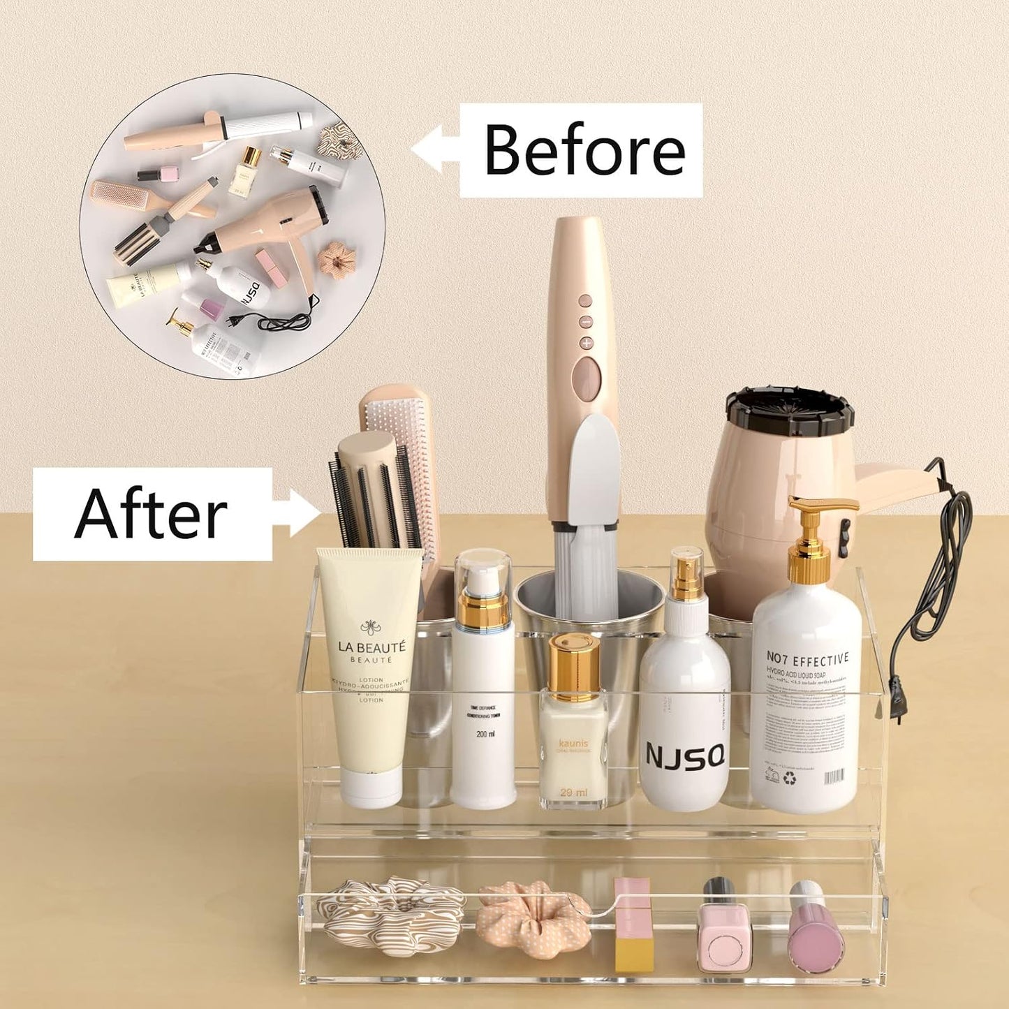 NIUBEE Acrylic Hair Tool Organizer with Drawer, Hair Dryer Holder Organizer | Clear, Hot Tools Organizer Countertop