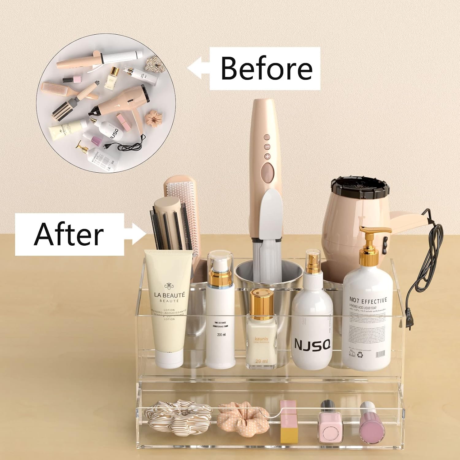 NIUBEE Acrylic Hair Tool Organizer with Drawer, Hair Dryer Holder Organizer | Clear, Hot Tools Organizer Countertop