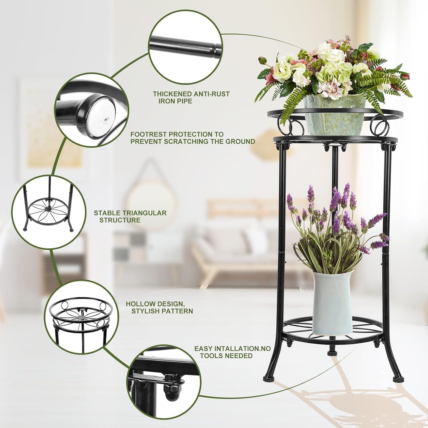 2 Pack 2 Tier Plant Stands for Indoor Outdoor Plants, 20.3" Tall Metal Plant Stand with Flower Pot Holder, Corner Plant