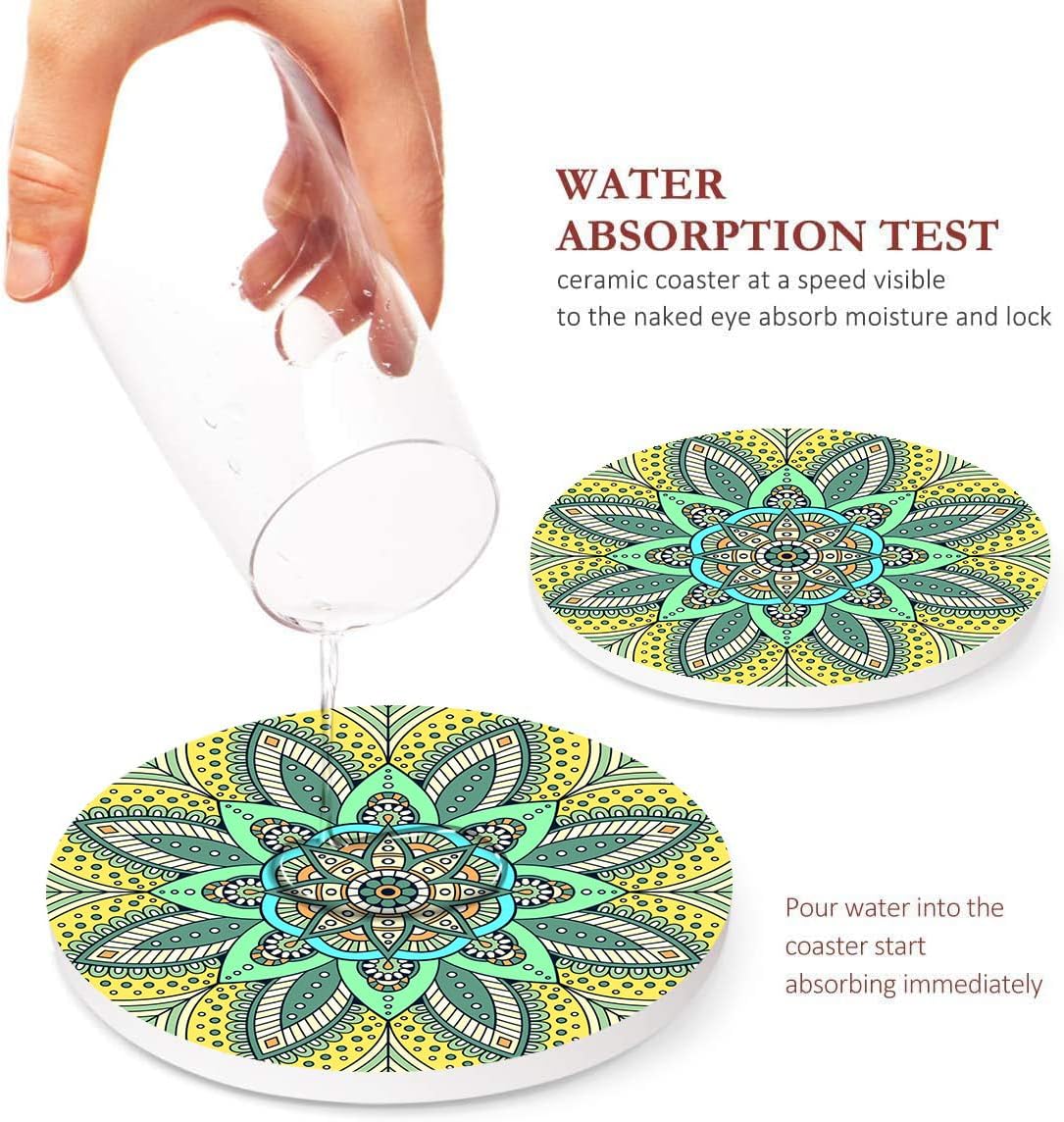 Moroccan Mandala Colorful Green Absorbent Round Ceramic Stone Mat / Bohemian / Pink / Set of 6