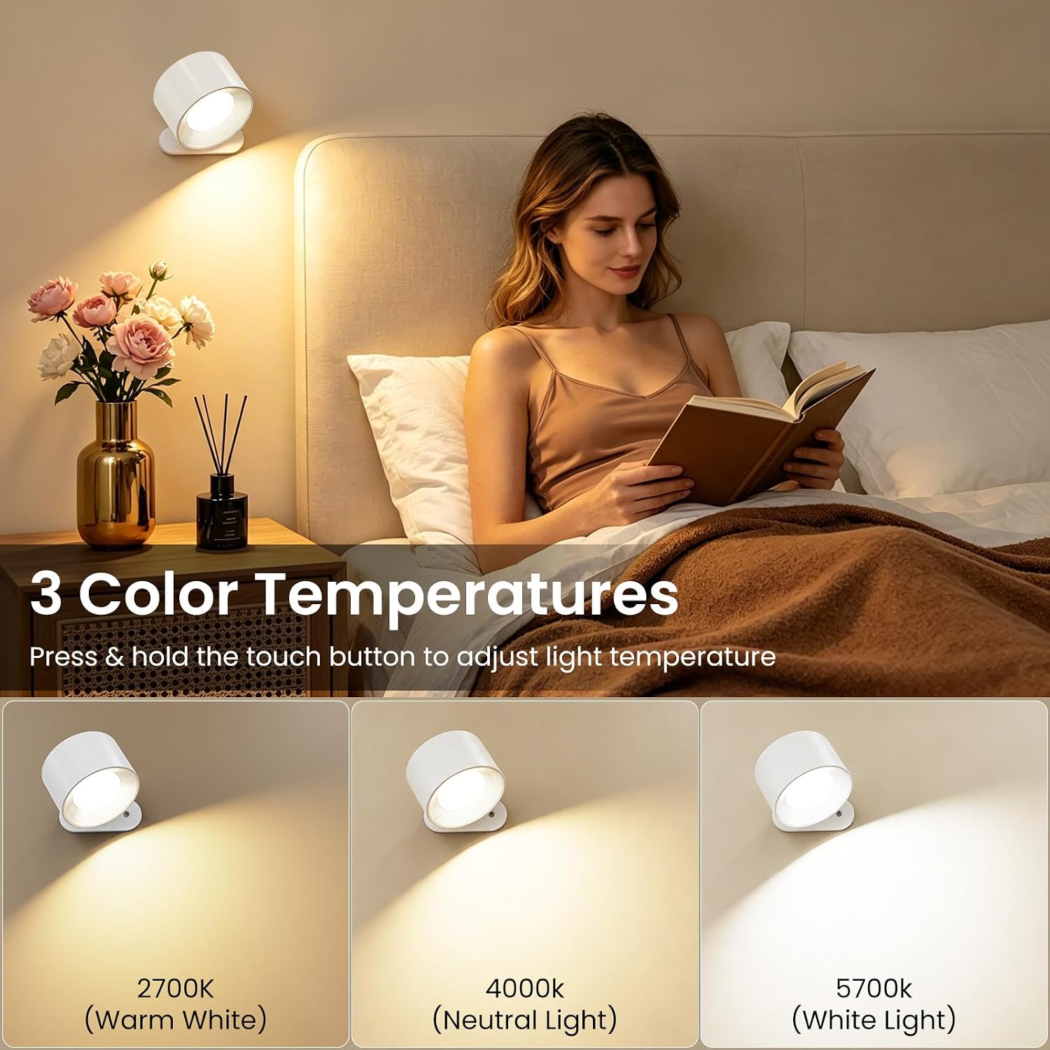 Koopala LED Wall Sconces, Wall Mounted Lamps with Rechargeable Battery Operated Dim 3 Brightness Removable Charging