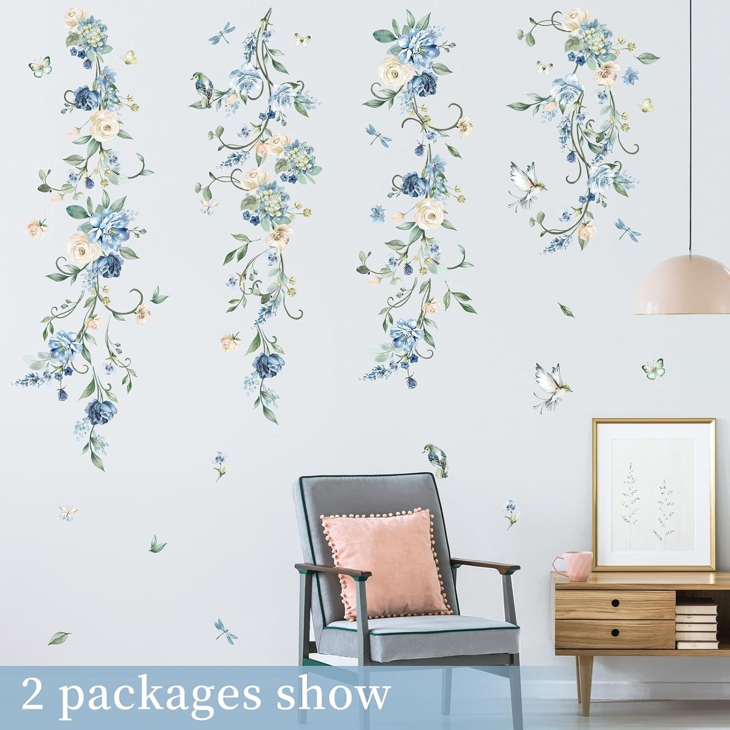 Flower Vines Wall Stickers Rose Watercolor Floral Peel and Stick Wall Art Decals / Blue