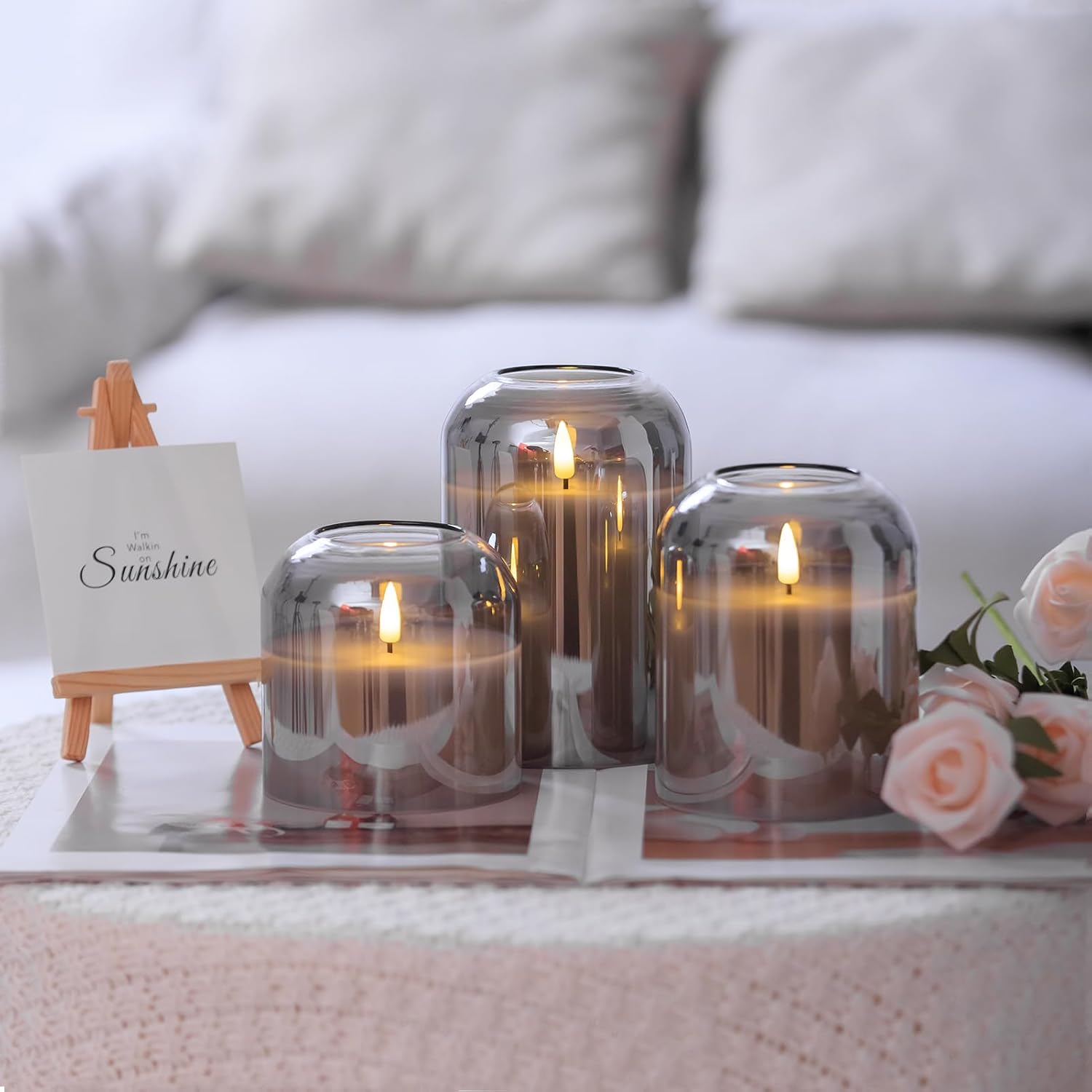 volnyus Grey Glass Flameless Candles with Remote Set of 3 Battery Operated Flickering LED Pillar Candles Real Wax Wick