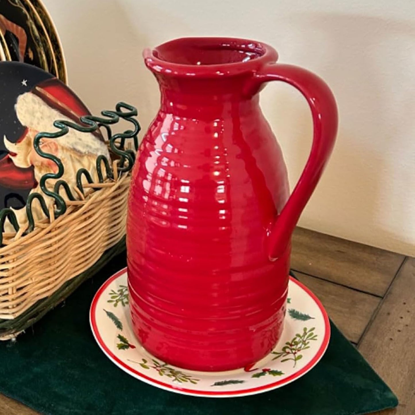 Farmhouse Pitcher Vase for Flowers- Ceramic Pitcher Vase Red Decorative Pitcher / Red - Pitcher Vase