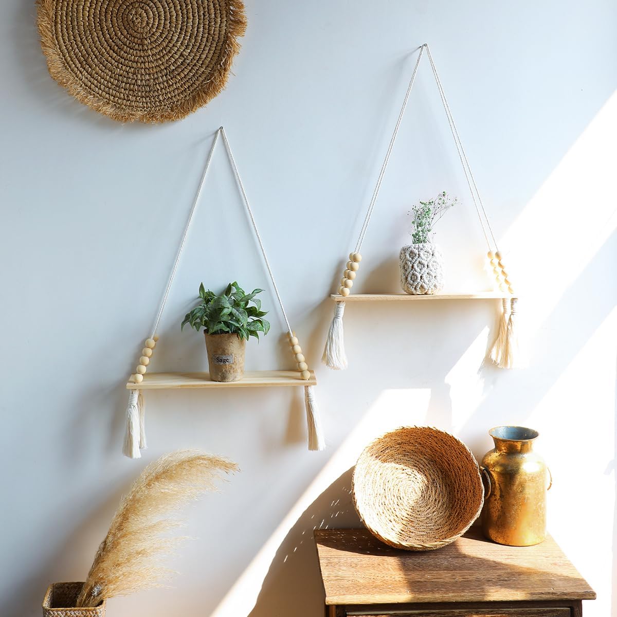 Wooden Wall Hanging Shelves / Beige Tassel / Set of 2