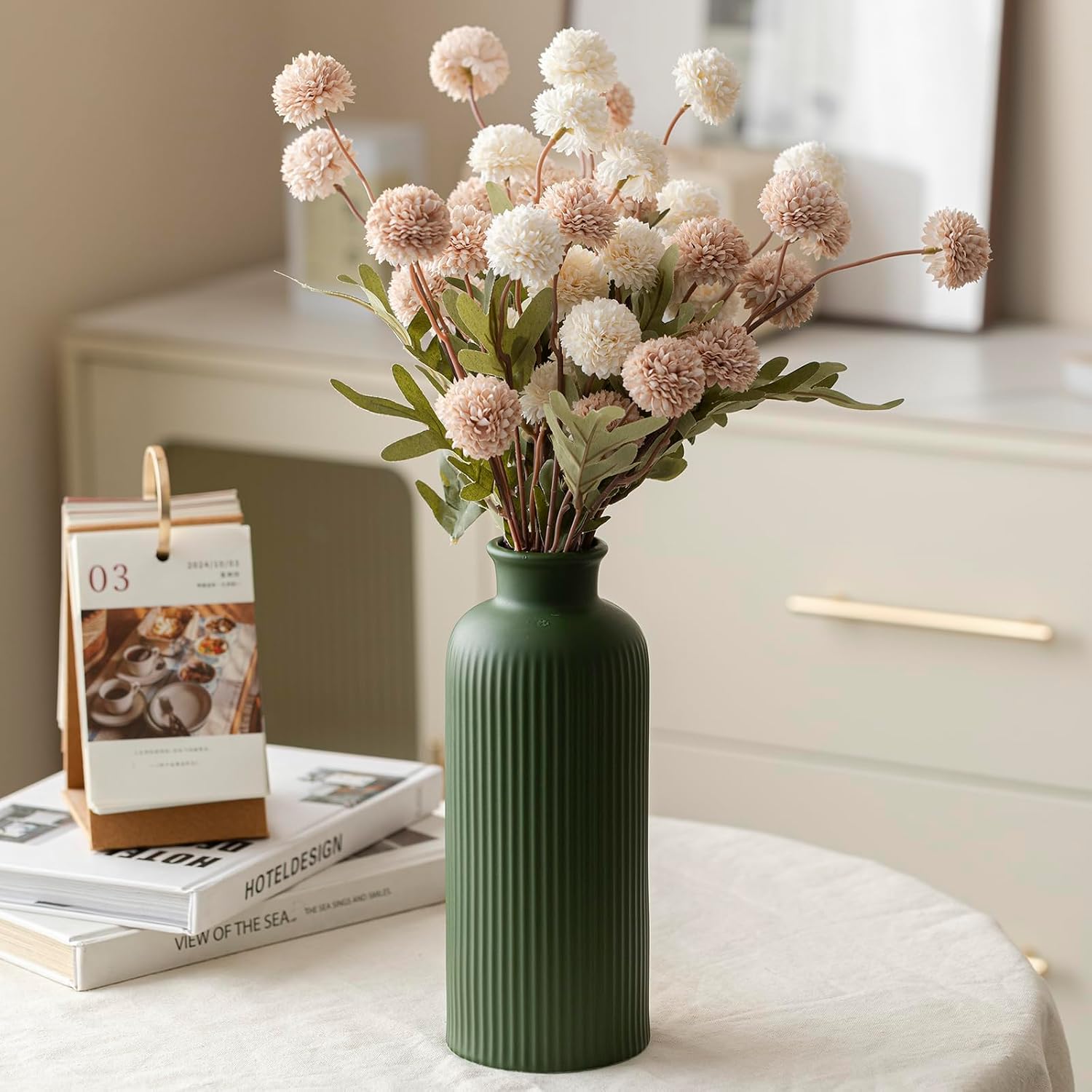 Ribbed Ceramic Vase for Flowers / Green / 10 Inch