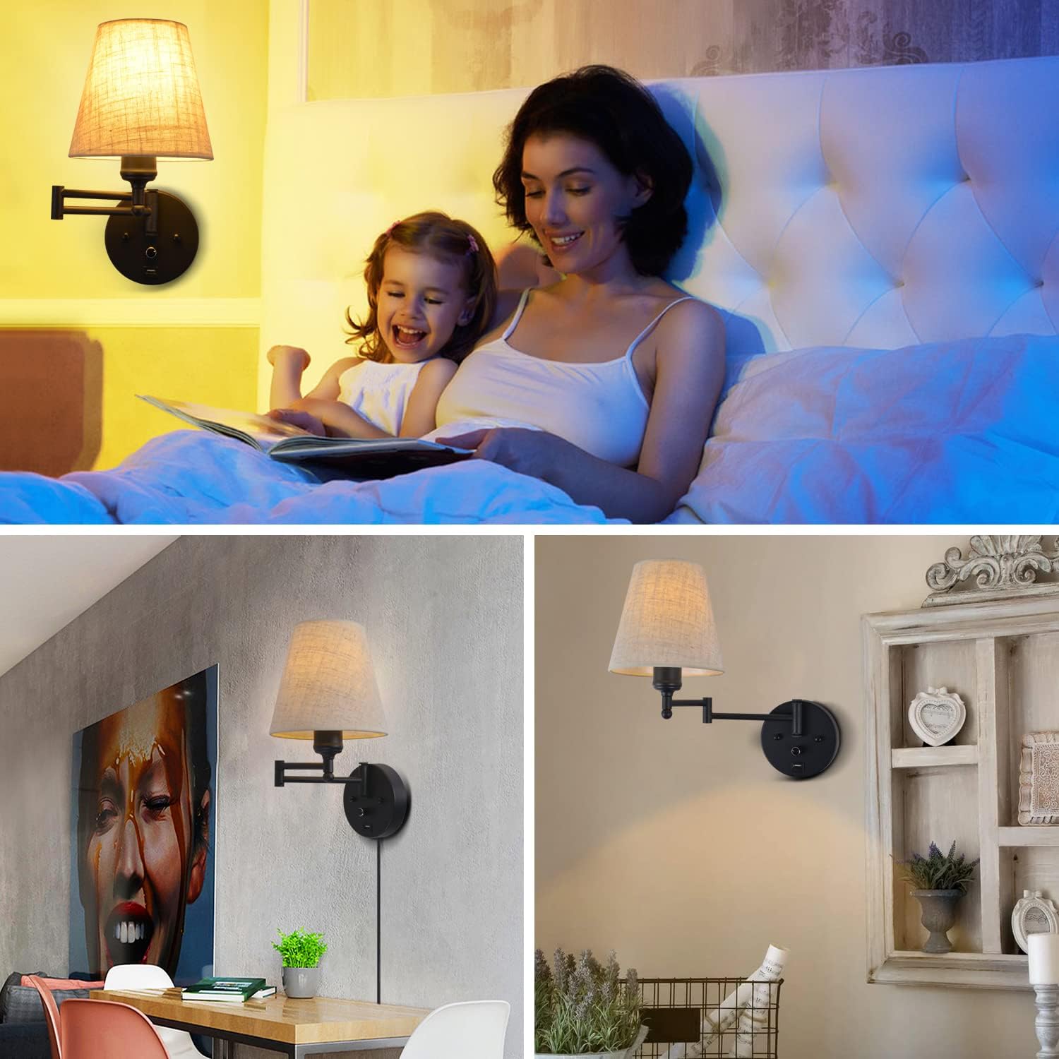 Bedside Wall Mount Light with Dimmable Switch and USB Port, Black Wall Sconce Light with Swing Arm and Plug in Cord