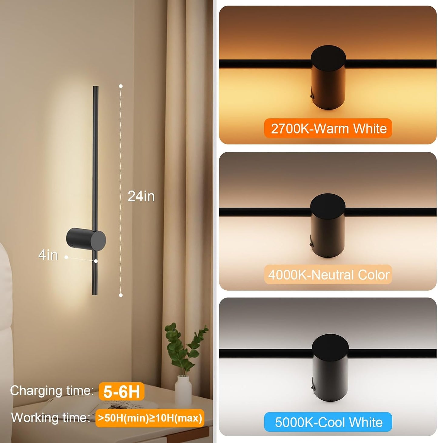 24 Inch Battery Operated Wall Sconce Set of 2,Black Minimalist Rechargeable LED Wall Lights with Remote, 10 Colors