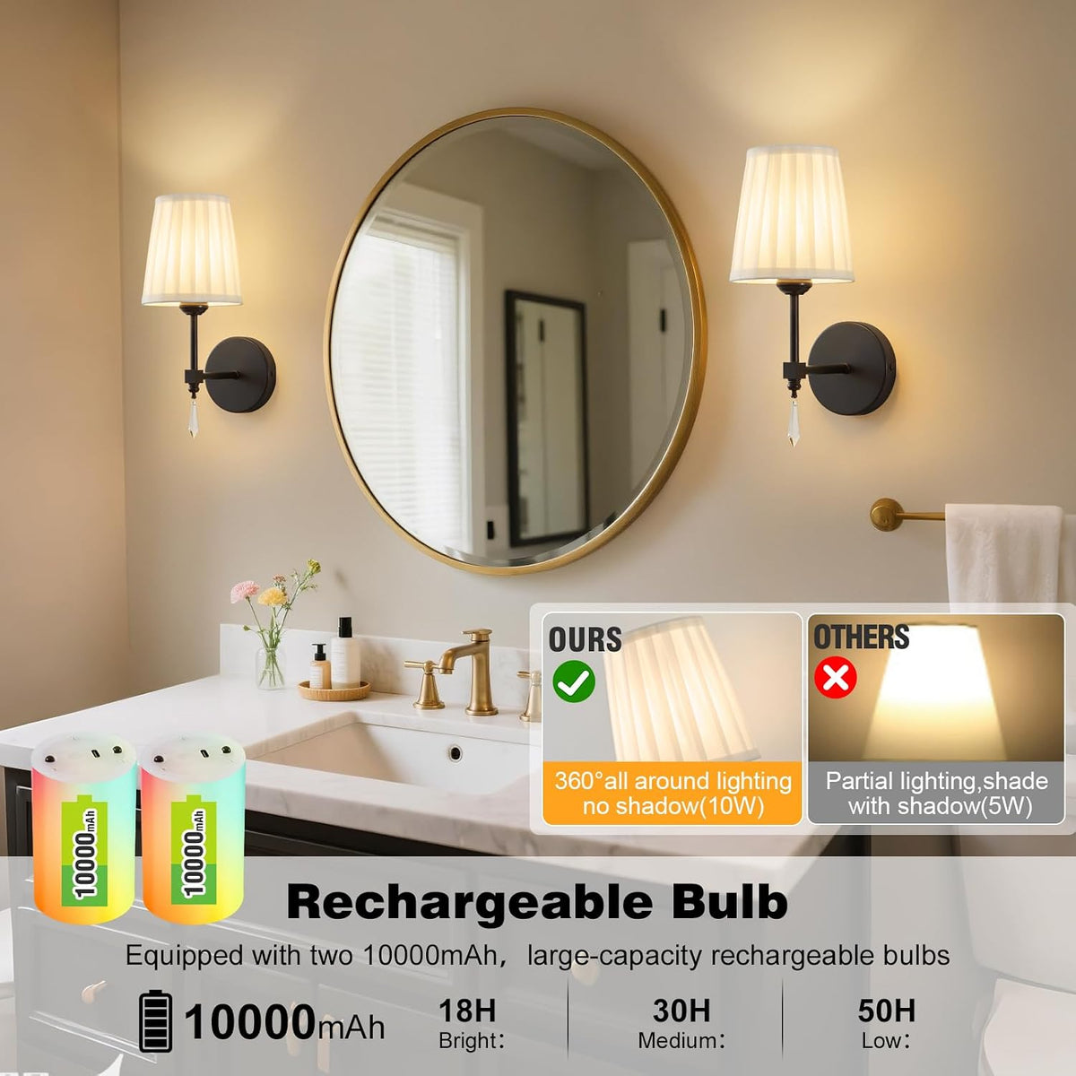 Black Battery Operated Wall Sconce,10000 Mah Rechargeable Wall Sconces set of 2 With Remote,3CCT and 12 RGB Sconces