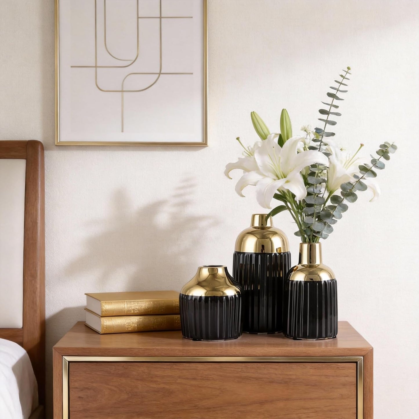 Gold Ceramic Vase 3-Piece Set / Bg / Black