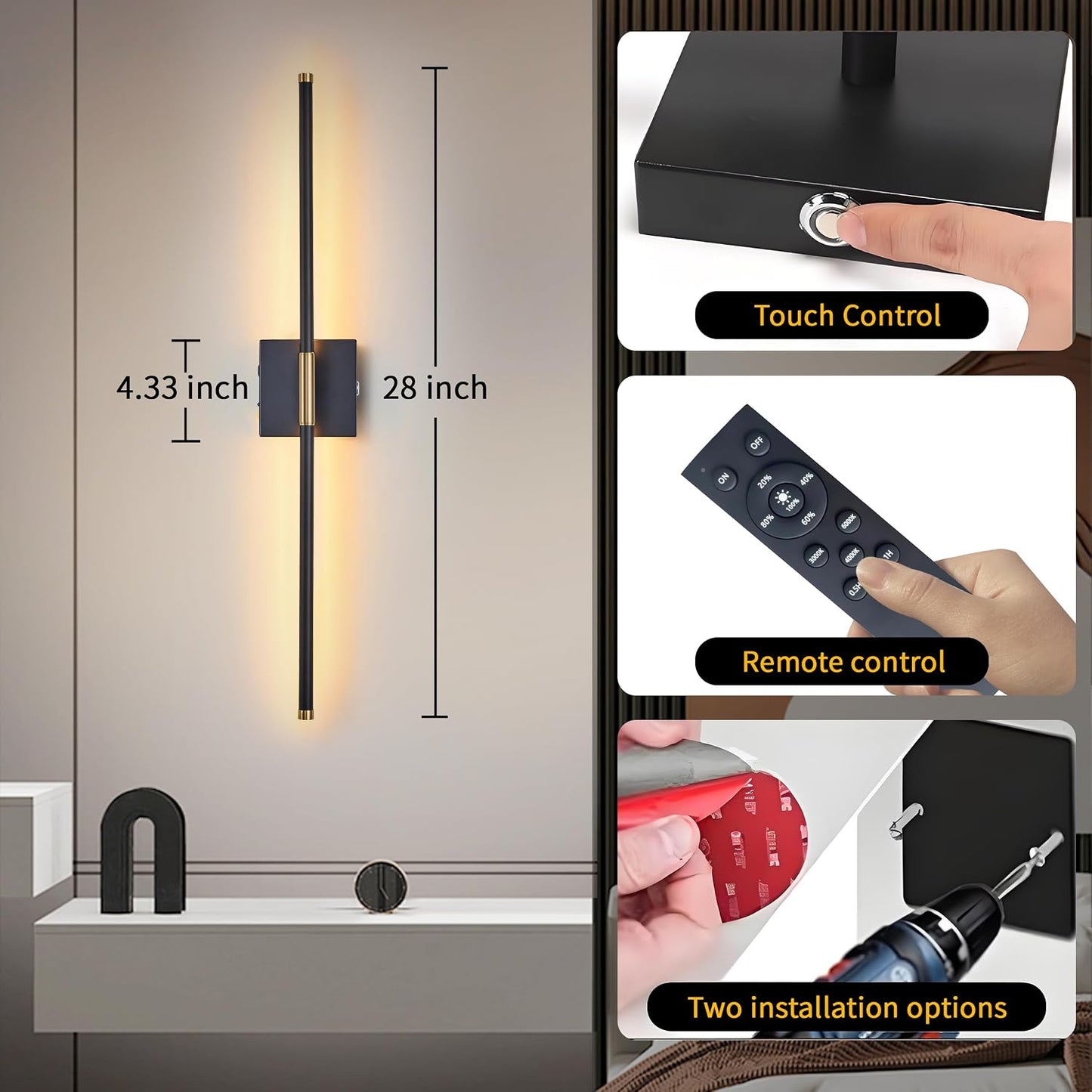 15800 mAh Battery Operated Wall Sconces with Remote Control Dimmable Wall Sconces Set of Two 3000K LED Black and Brass