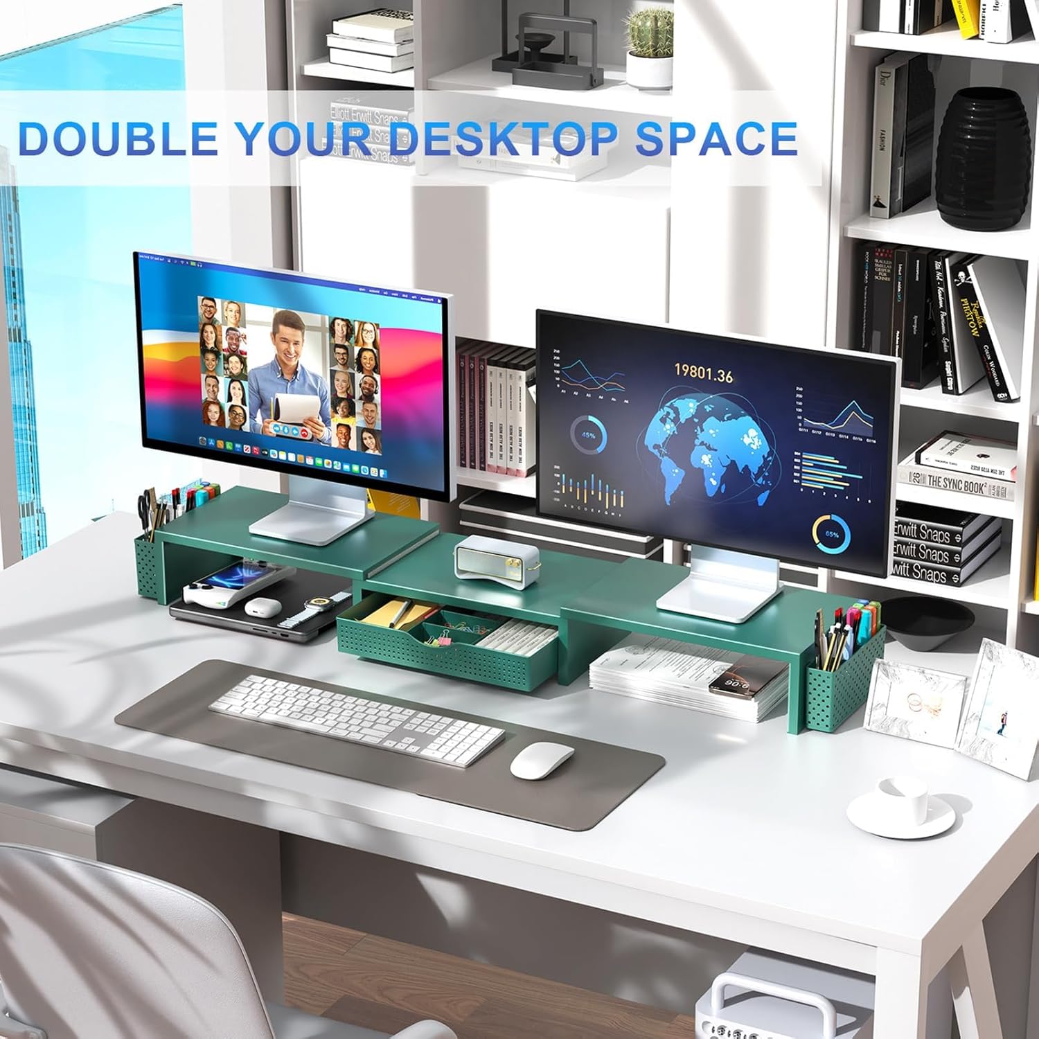 gianotter Dual Monitor Stand Riser With Drawer and 2 Pen Holders | Computer Monitor Stand Desk Organizer and