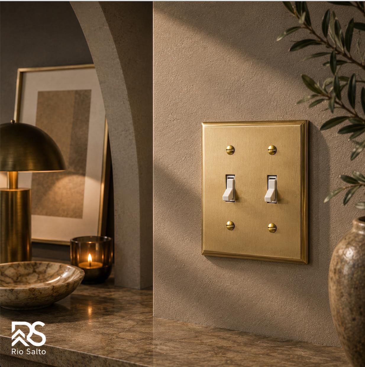 Rio Salto MIDSIZE BRASS Signature Collection Decorative Brushed Brass Gold Metal Outlet Covers, Light Switch Cover