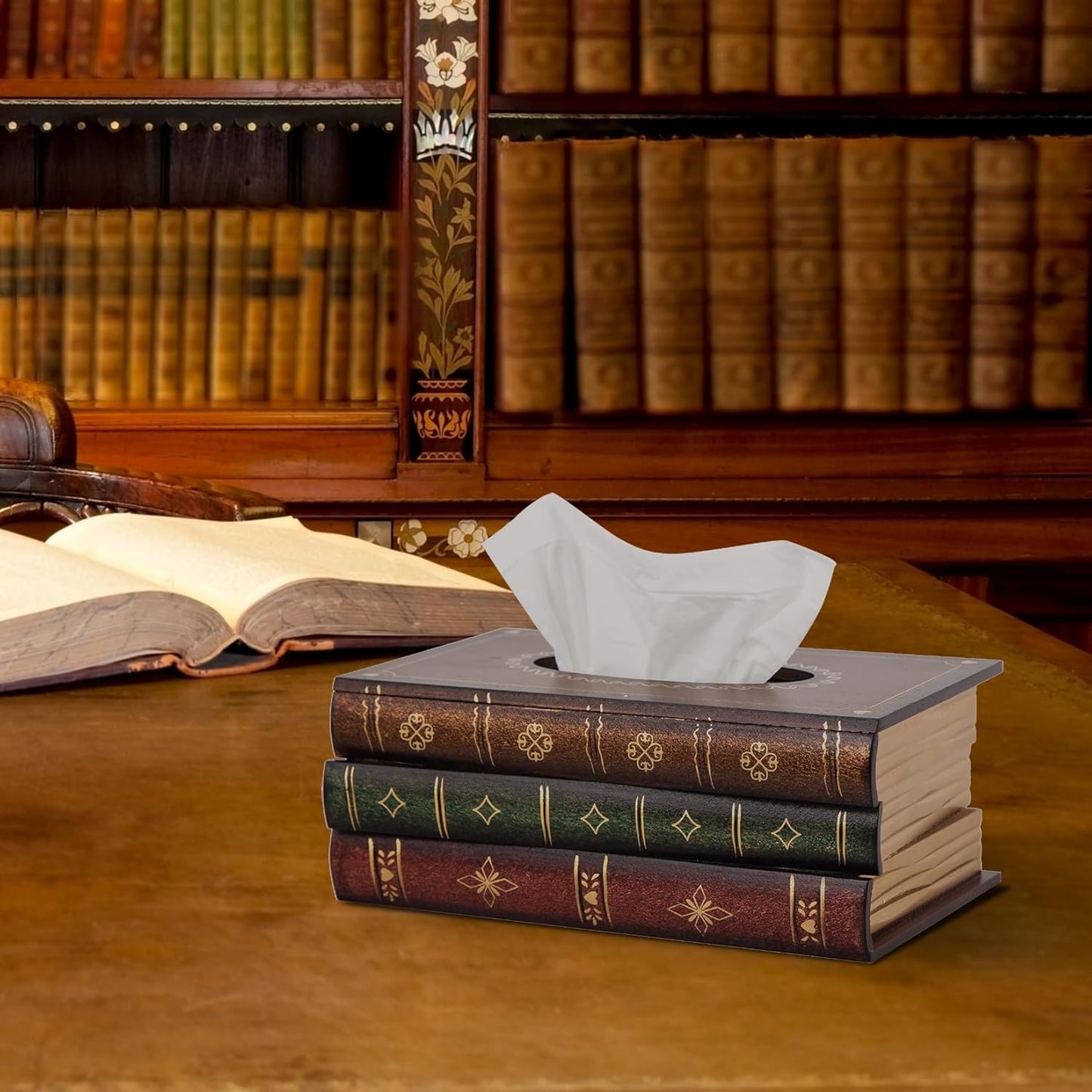 Crafted Classical Retro Wooden Antique Book Tissue Box Cover Rectangular Tissue Holder Dispenser