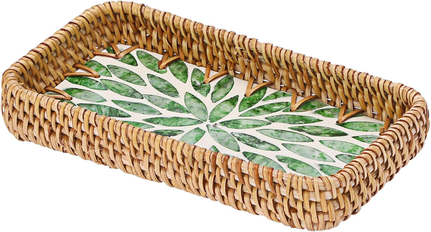 Decorative Key Basket Tray fot Entryway Table Woven Rattan Tray / 8.3 x 4.3 x 1.6 / Green