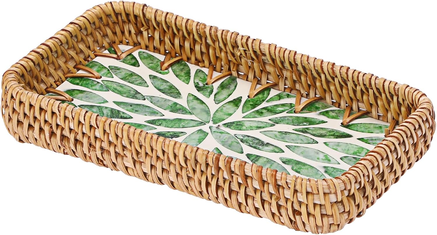 Decorative Key Basket Tray fot Entryway Table Woven Rattan Tray / 8.3 x 4.3 x 1.6 / Green