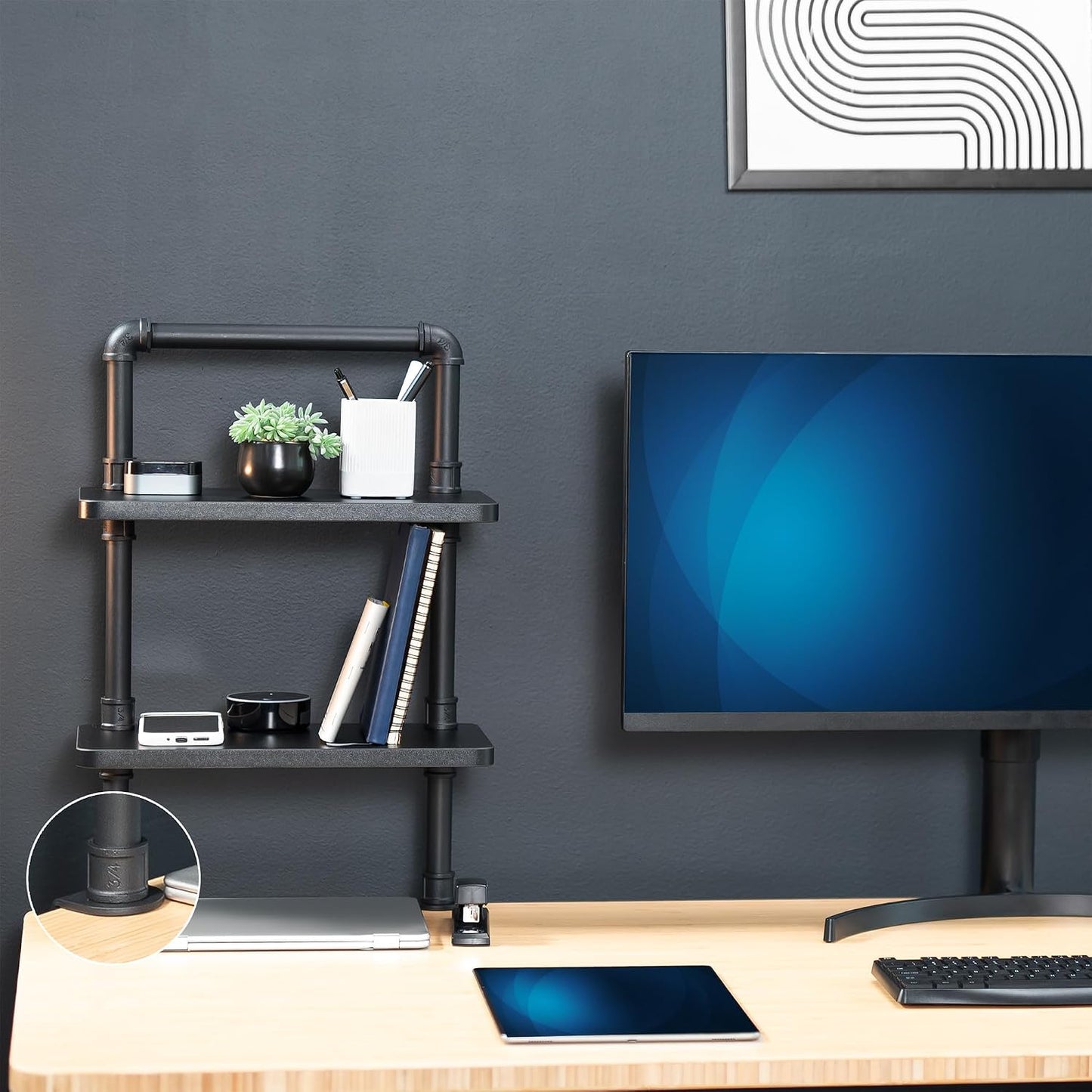 VIVO Clamp-on Premium 16 inch Industrial Pipe 2-Tier Tabletop Shelving, Heavy Duty Desk Extension Organizer, Modern