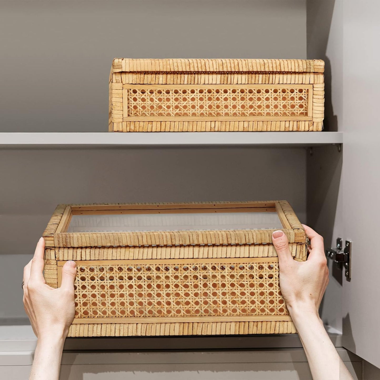 Glass Lids Decorative Woven Cane Boxes Multipurpose Square Basket / Set of 2