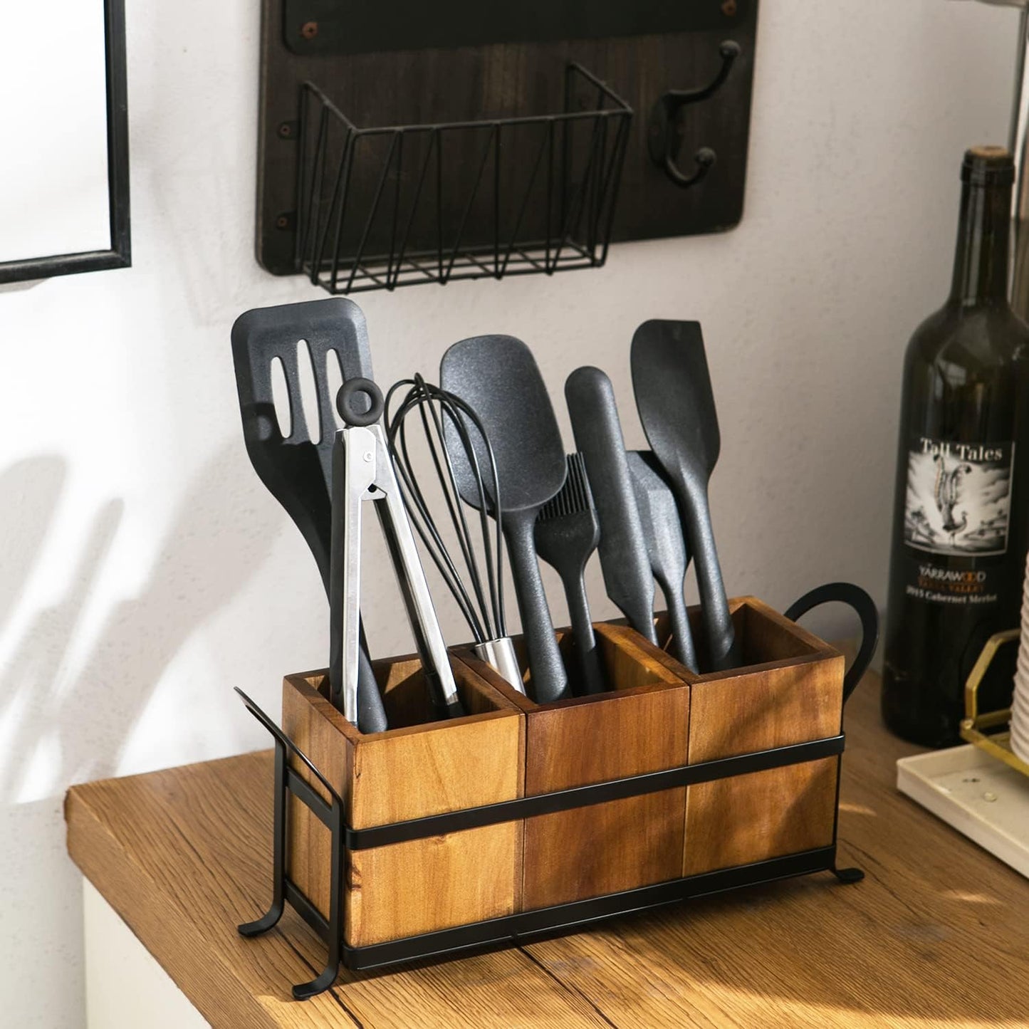 NelyBet Utensil Caddy Silverware Cutlery Holder with 3 Compartment, Wooden Utensil Crock Flatware Organizers with Metal
