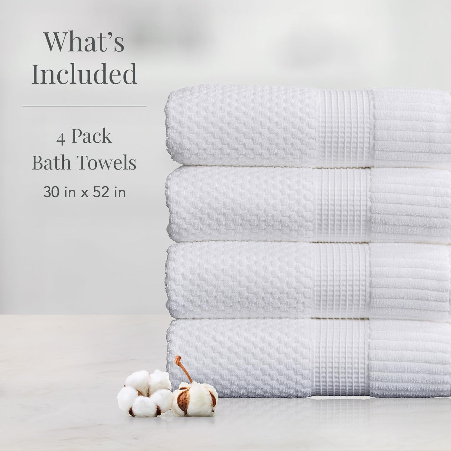 NY Loft 100% Cotton 4-Pack Bath Towel Set | White | Oeko-TEX | Quick-Dry | Four 30" x 52" Bath Towels | Super Absorbent