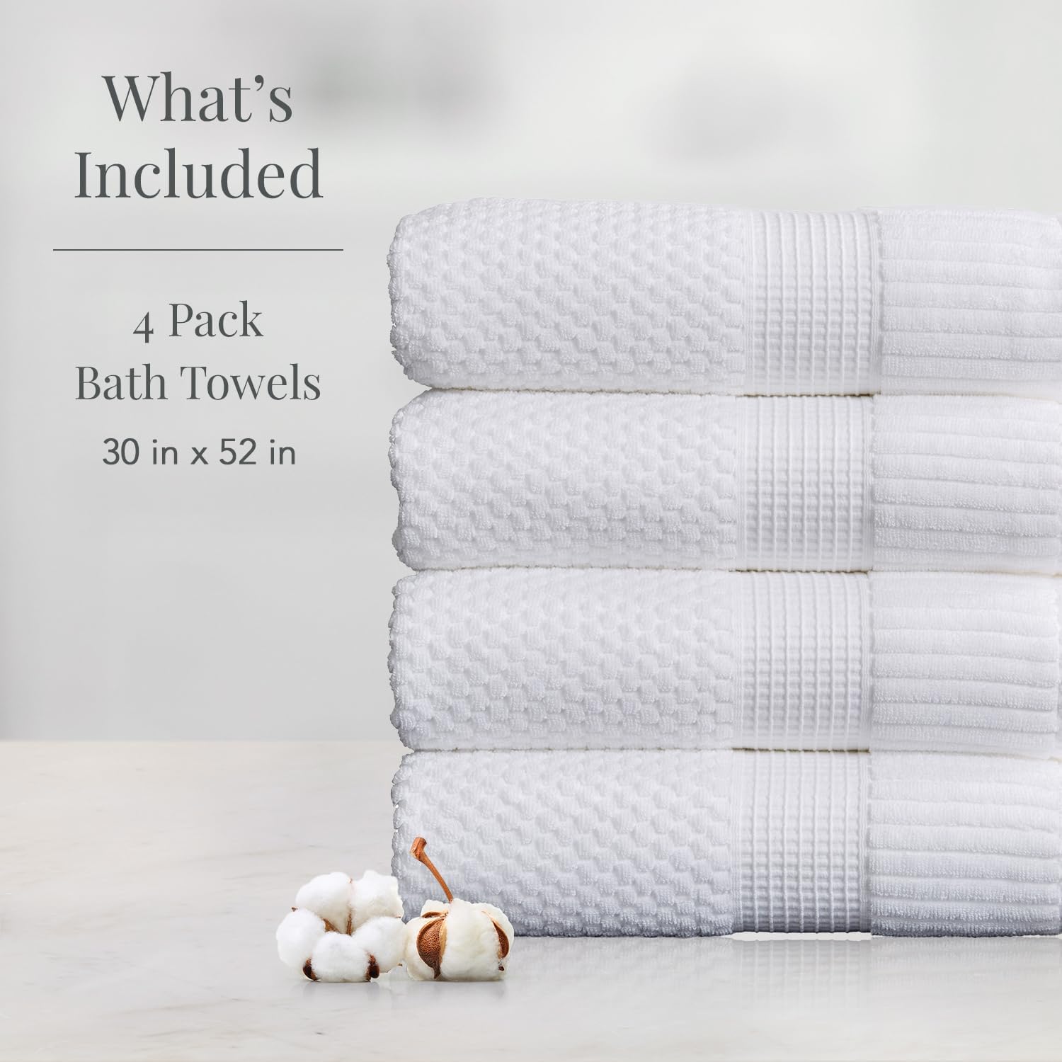 NY Loft 100% Cotton 4-Pack Bath Towel Set | White | Oeko-TEX | Quick-Dry | Four 30" x 52" Bath Towels | Super Absorbent