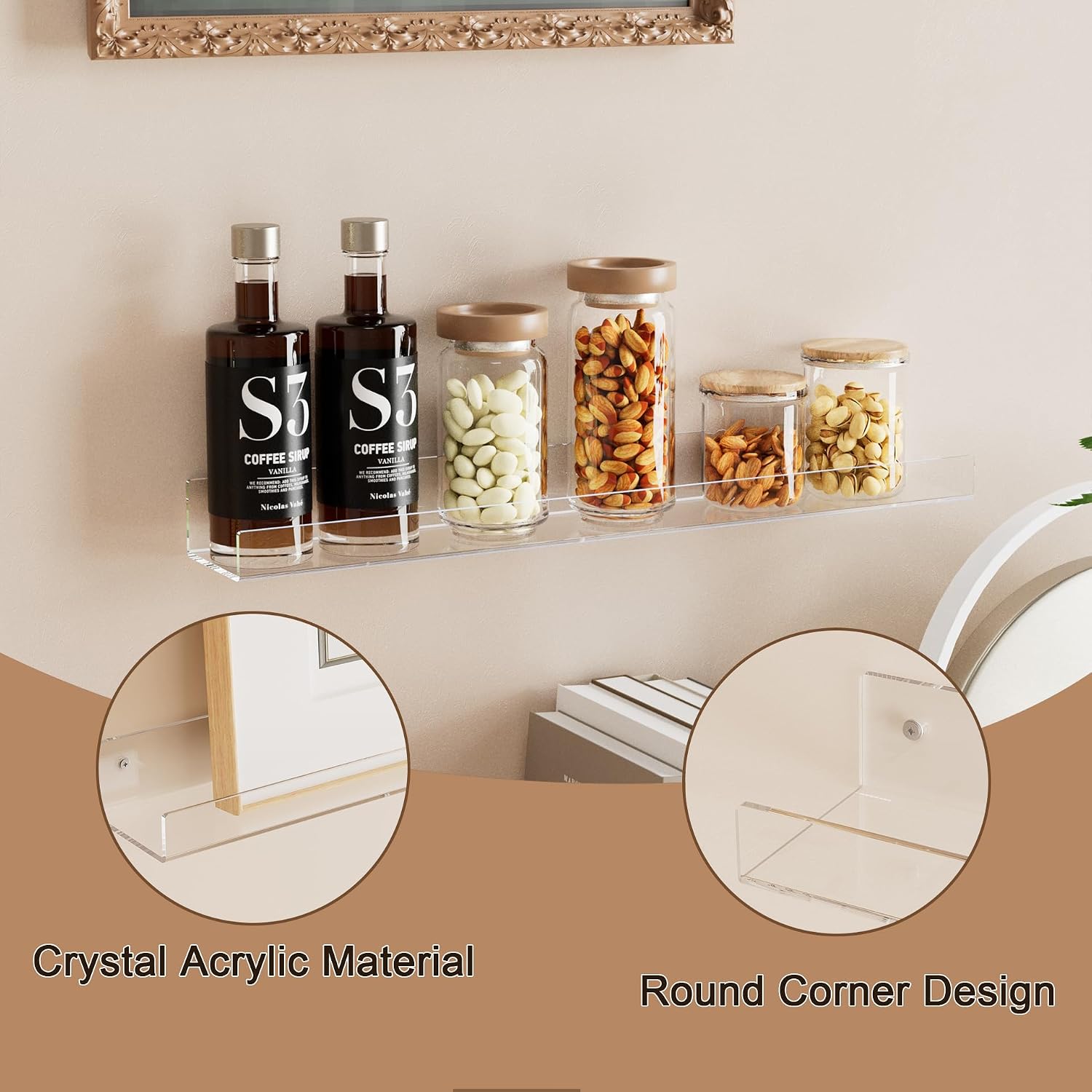24'' Clear Acrylic Wall Long Shelf 2 Pack, Acrylic Floating Book Shelves, Wall Mounting Invisible Ledge Book Shelf