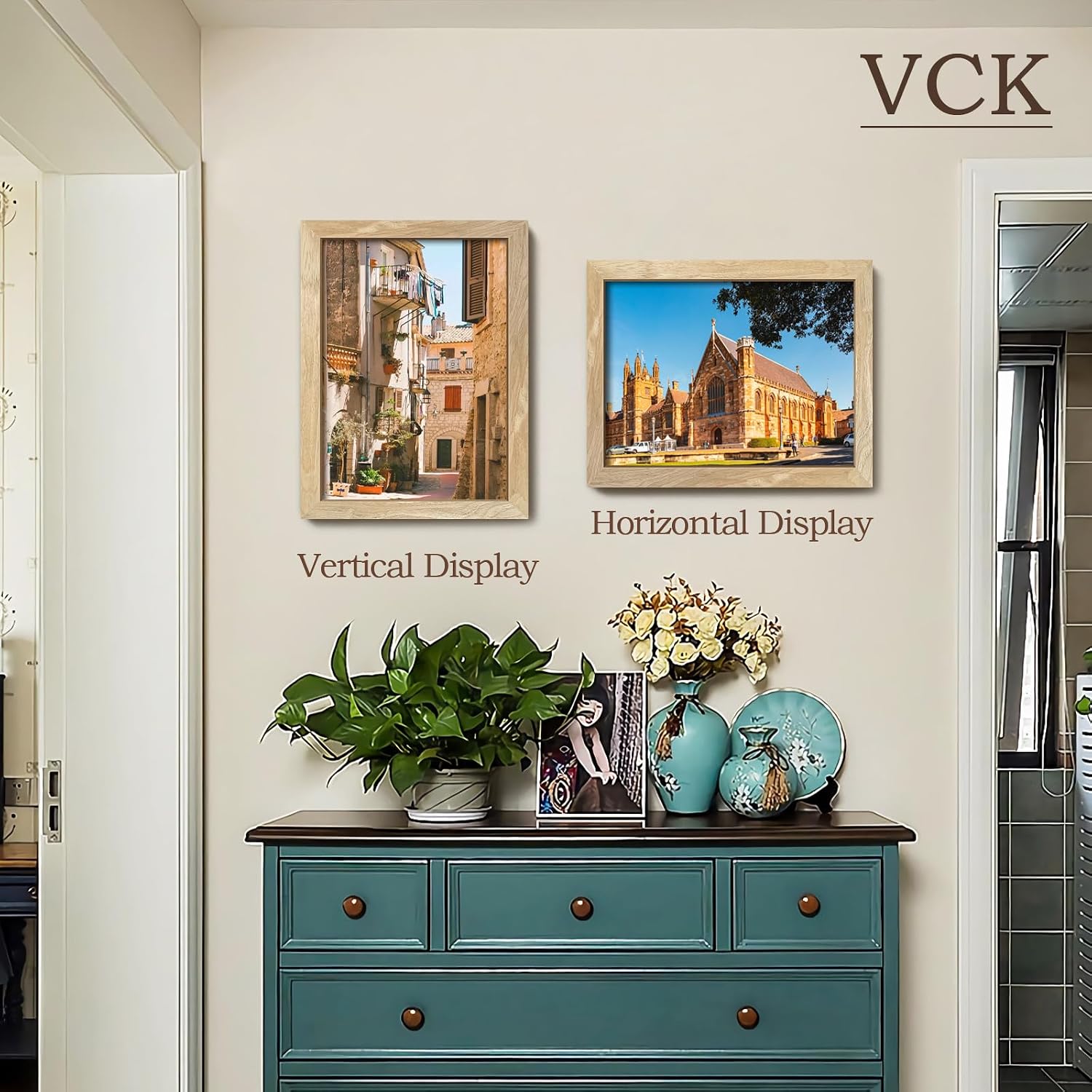 VCK 11x14 Picture Frame Set of 3, Natural Solid Wood, Wall Hanging | Wide Border, Light Woodgrain, Shatterproof
