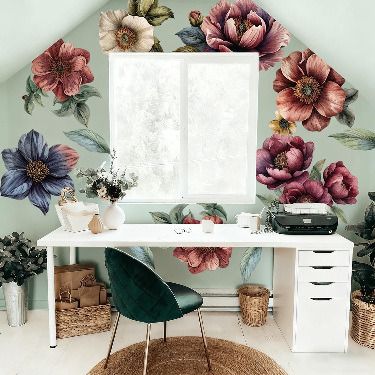 Large Flower Wall Art Decals Boho Fabric Jumbo Floral Wall Stickers for Girls Bedroom Living Room