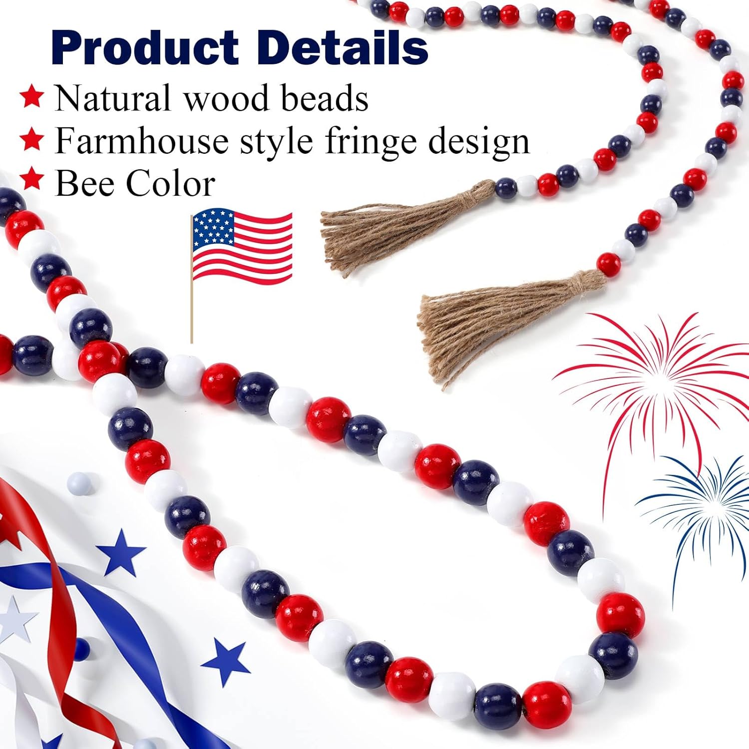 Wooden Bead Garland / Red, White, Blue